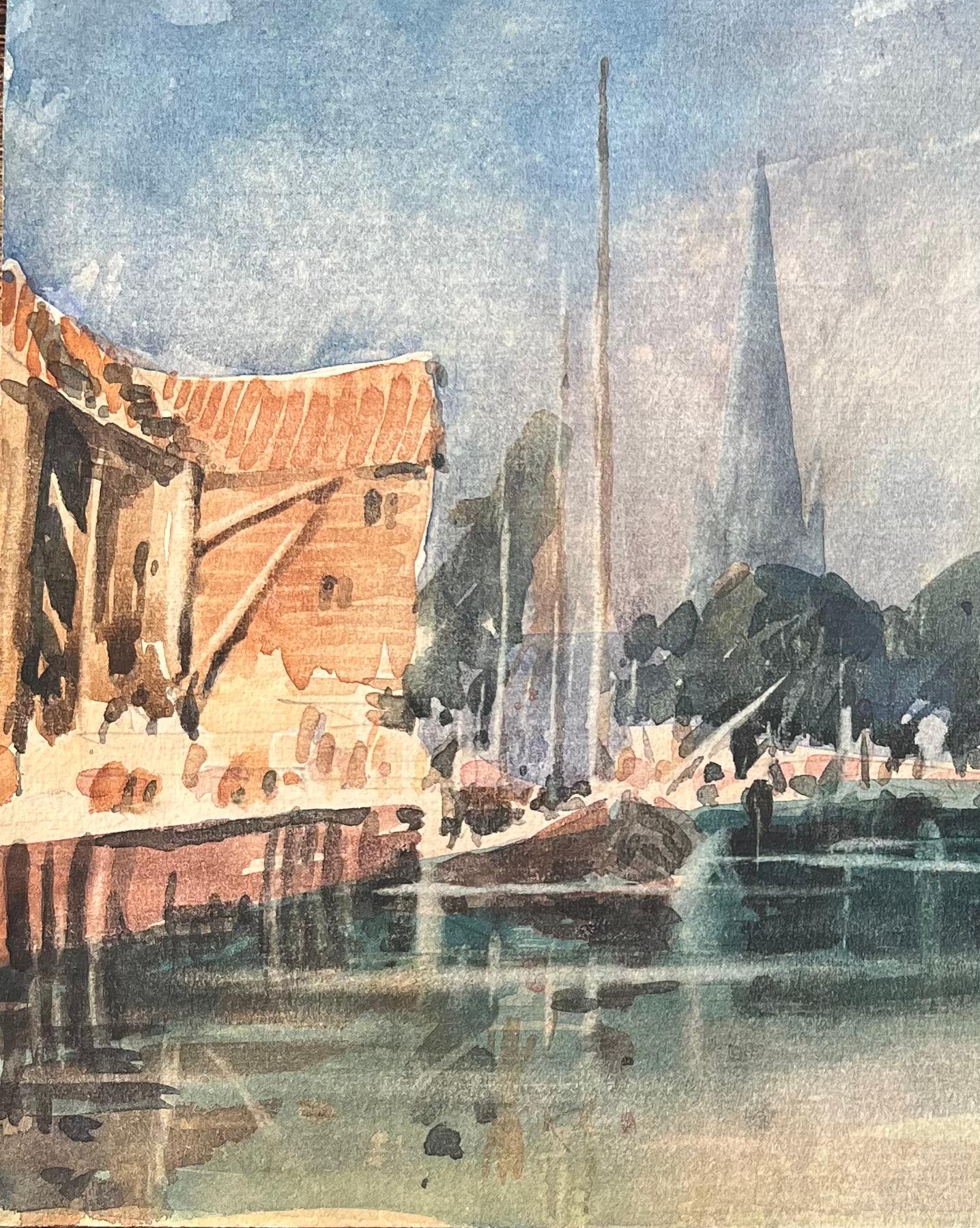 Titolo: Acquerello impressionista francese di una scena lungo il fiume con la guglia della cattedrale
Di Maurice Mazeilie (francese 1924-2021)
Medium: Acquerello su carta, senza cornice
Dimensioni: 6,25 x 9,75 pollici (altezza x larghezza)
Timbrato: