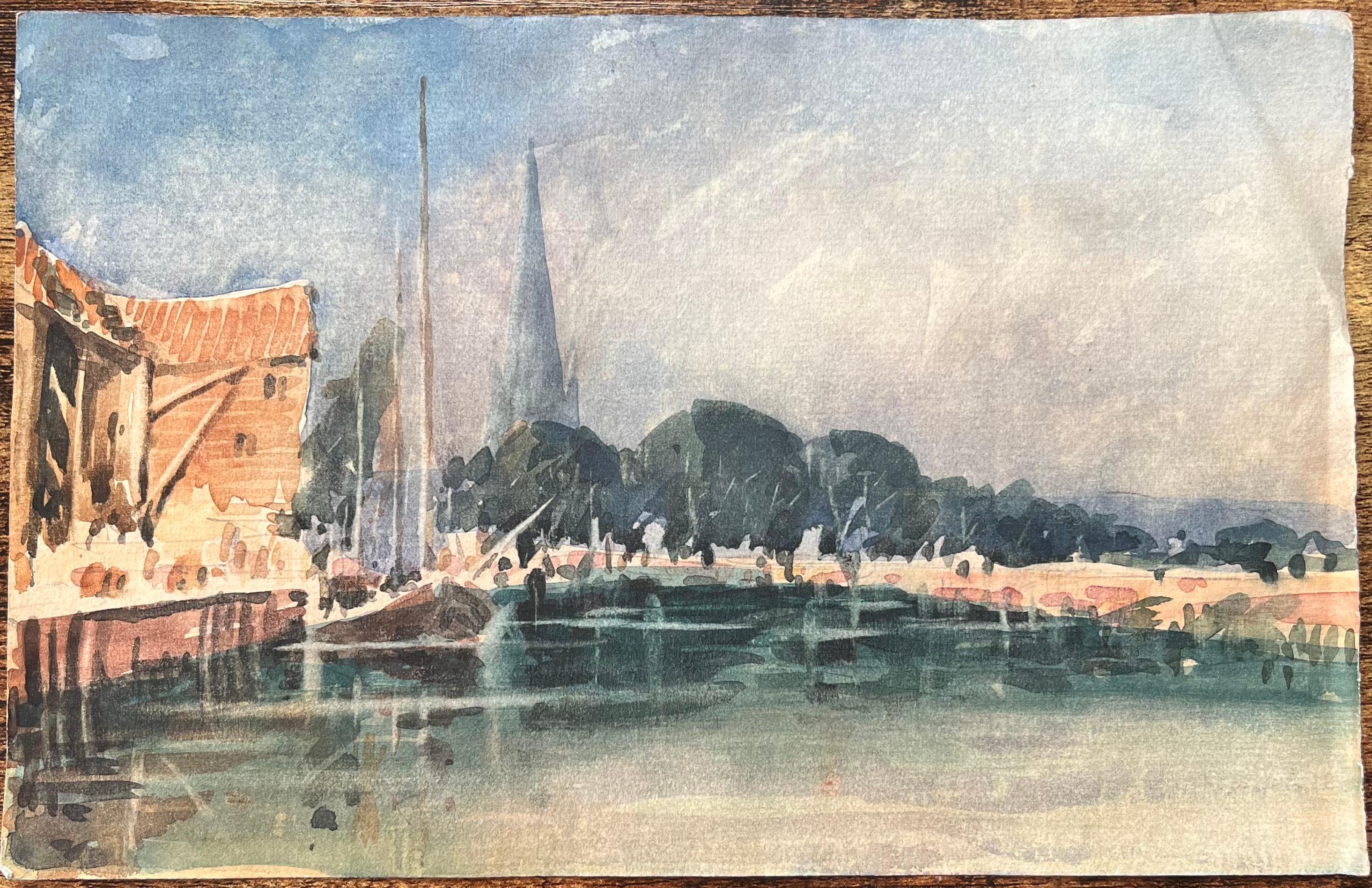 Acquerello impressionista francese di una scena di fiume con guglia della cattedrale - Art Impressionismo di Maurice Mazeilie