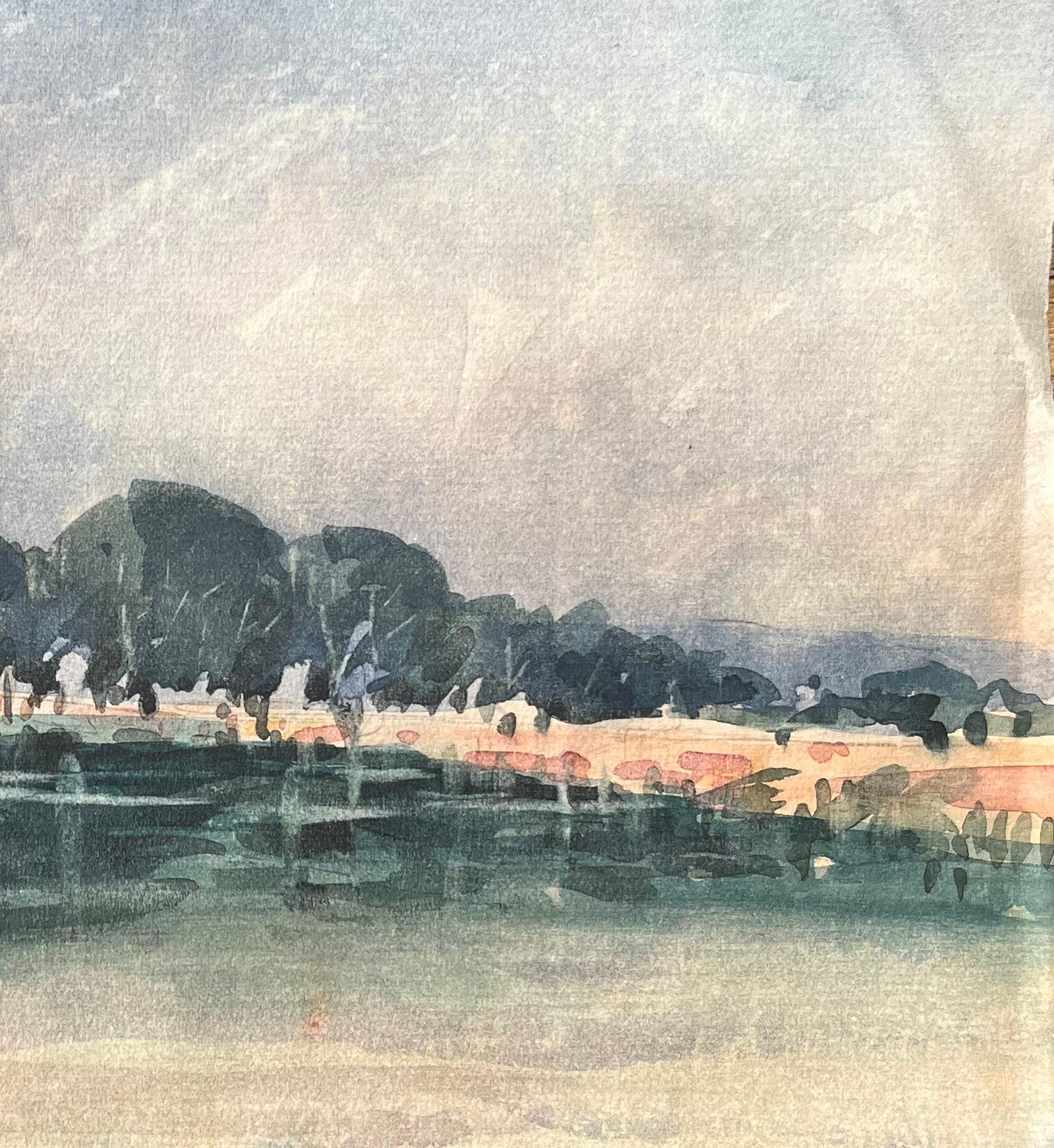 Acquerello impressionista francese di una scena di fiume con guglia della cattedrale in vendita 2