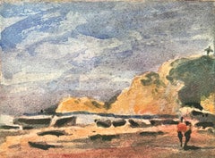 Aquarelle impressionniste française représentant des personnages se promenant sur une plage à flanc de falaise