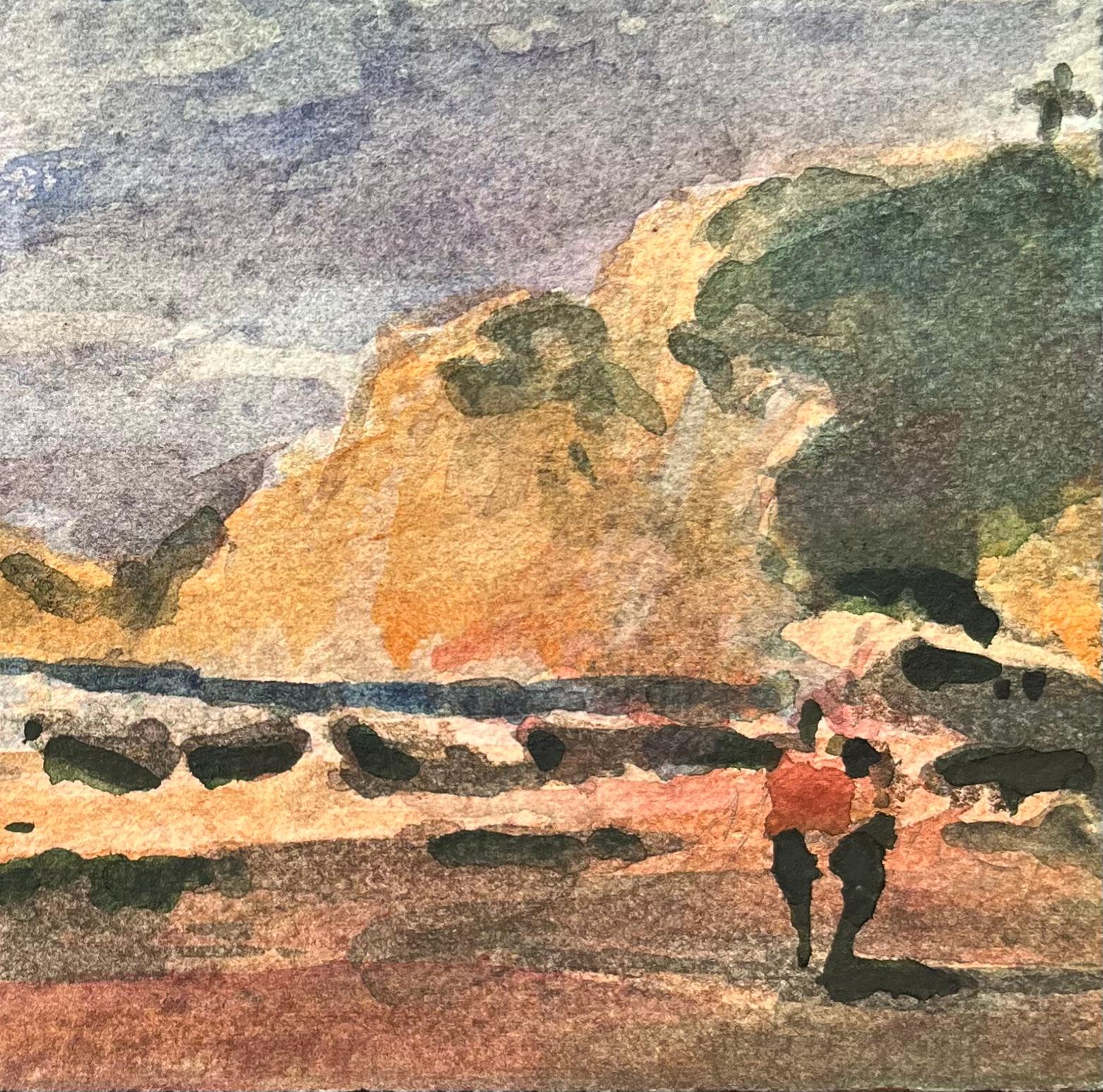 French Impressionist Watercolor of Figures Taking a Cliffside Beach Stroll - Brown Landscape Art by Maurice Mazeilie