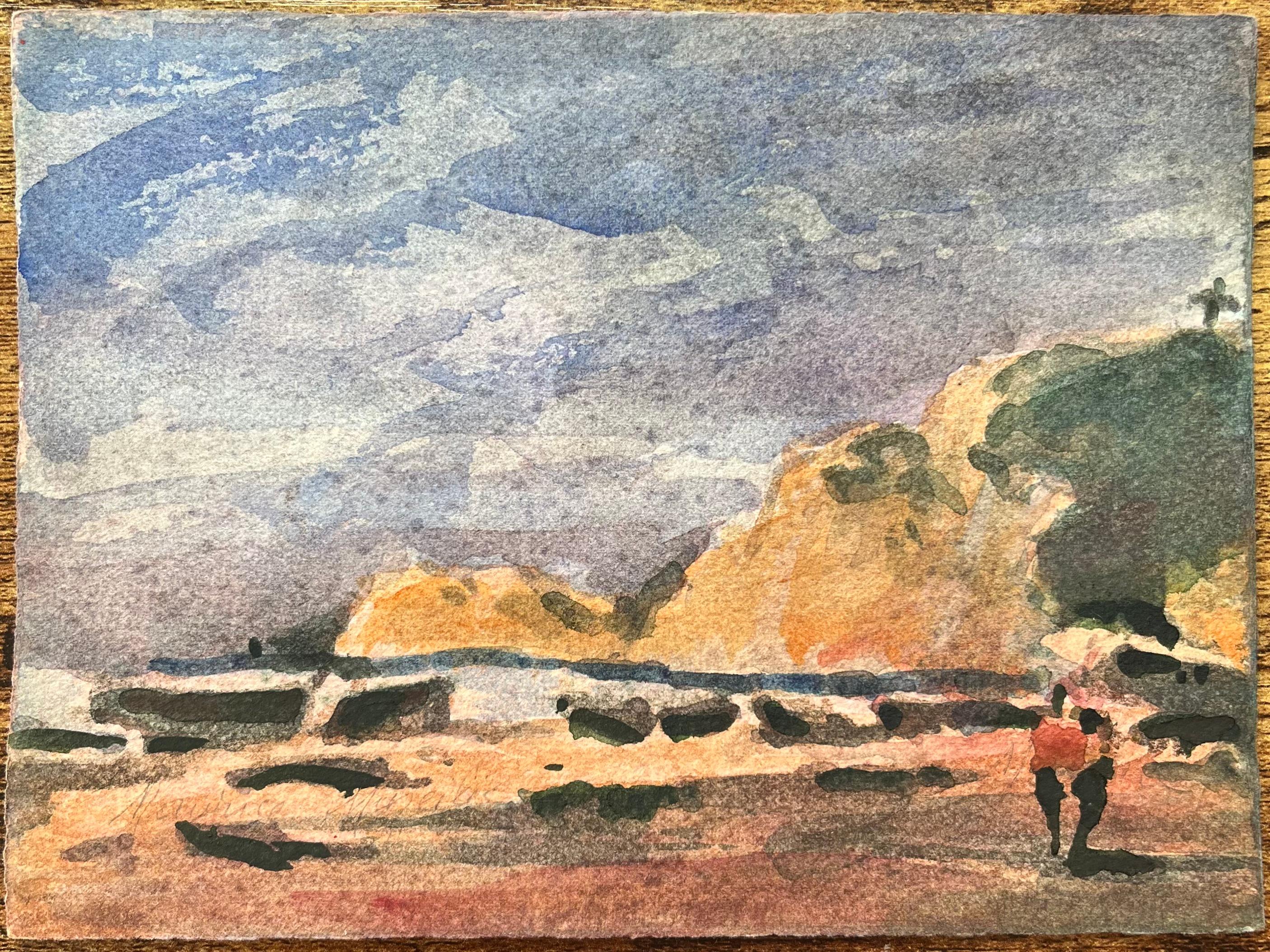 French Impressionist Watercolor of Figures Taking a Cliffside Beach Stroll - Art by Maurice Mazeilie