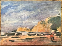French Impressionist Watercolor of Figures Taking a Cliffside Beach Stroll