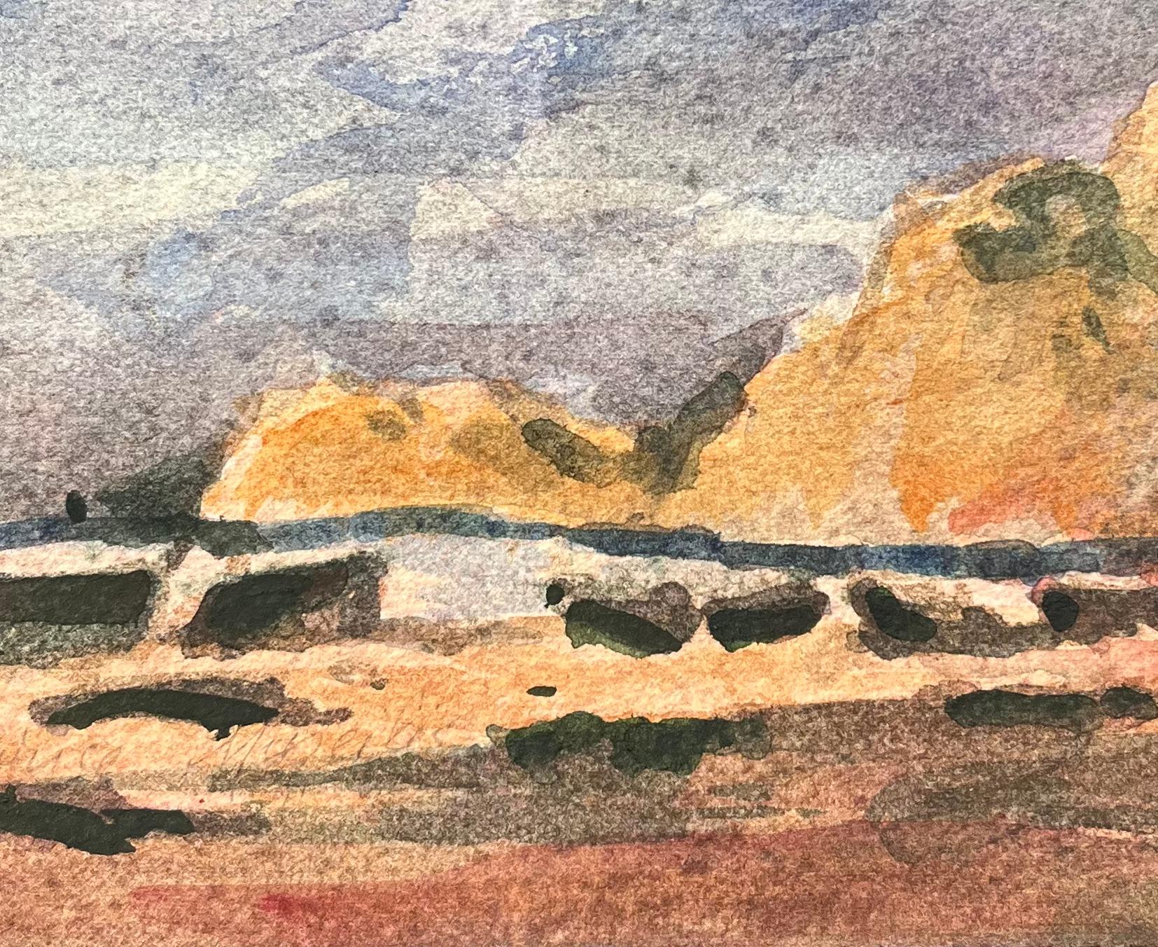 Title: French Impressionist Watercolor of Figures Taking a Cliffside Beach Stroll
By Maurice Mazeilie (French 1924-2021)
Medium: Watercolor on paper, unframed
Size: 5.5 x 7.5 inches (Height x Width)
Signed: Yes
Condition: Good, with signs of