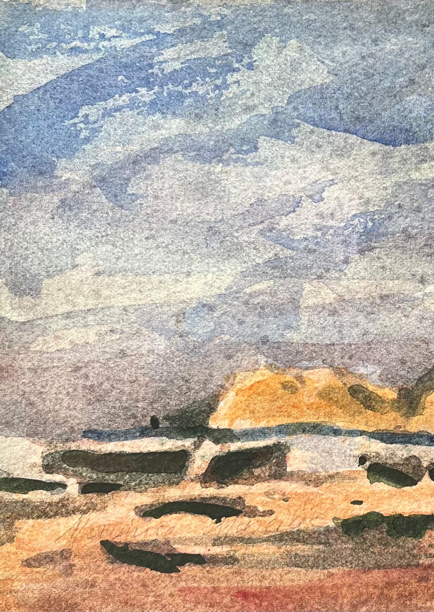 French Impressionist Watercolor of Figures Taking a Cliffside Beach Stroll For Sale 1