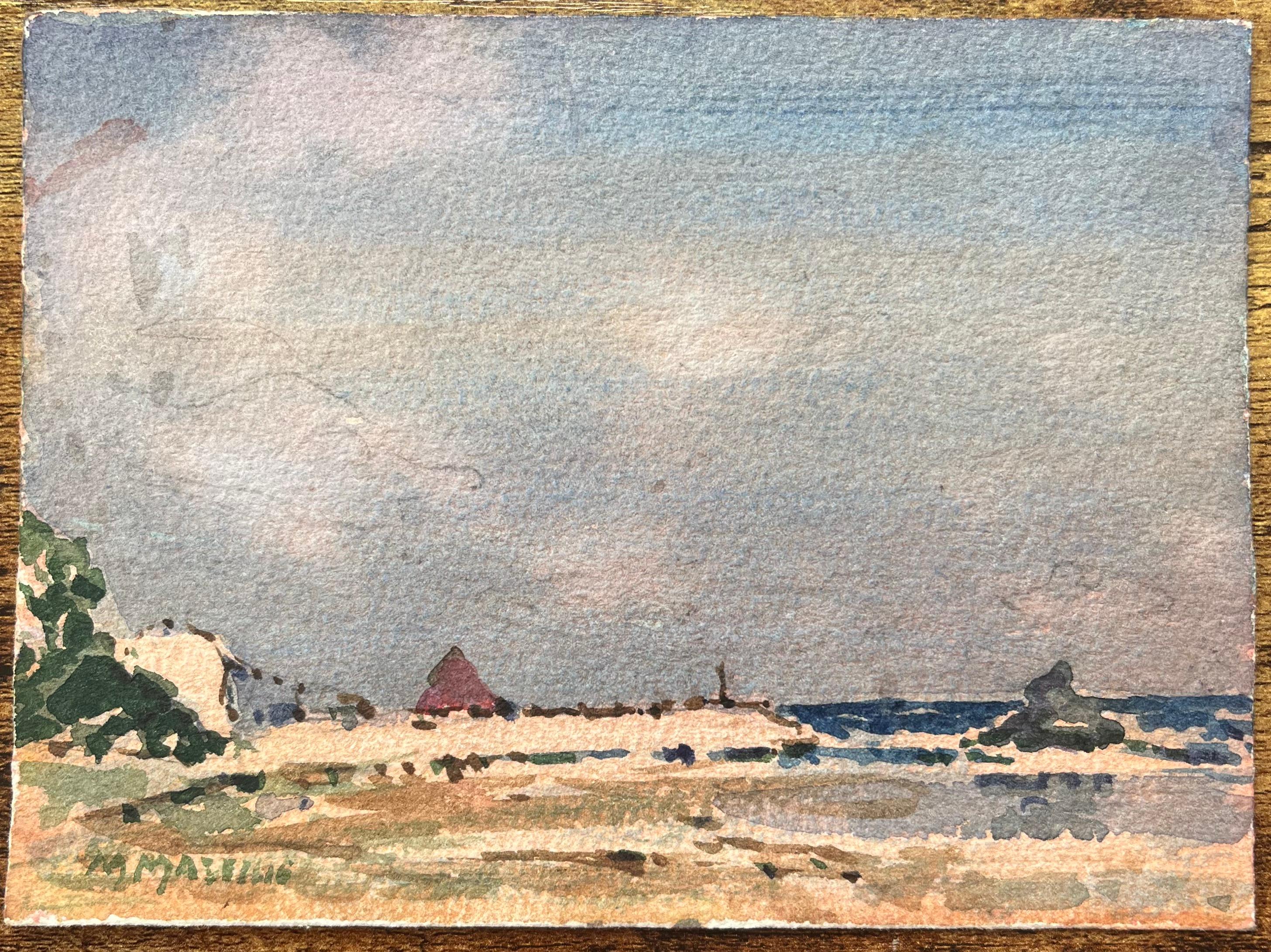 Aquarelle impressionniste française d'une scène côtière de Tranquil - Art de Maurice Mazeilie
