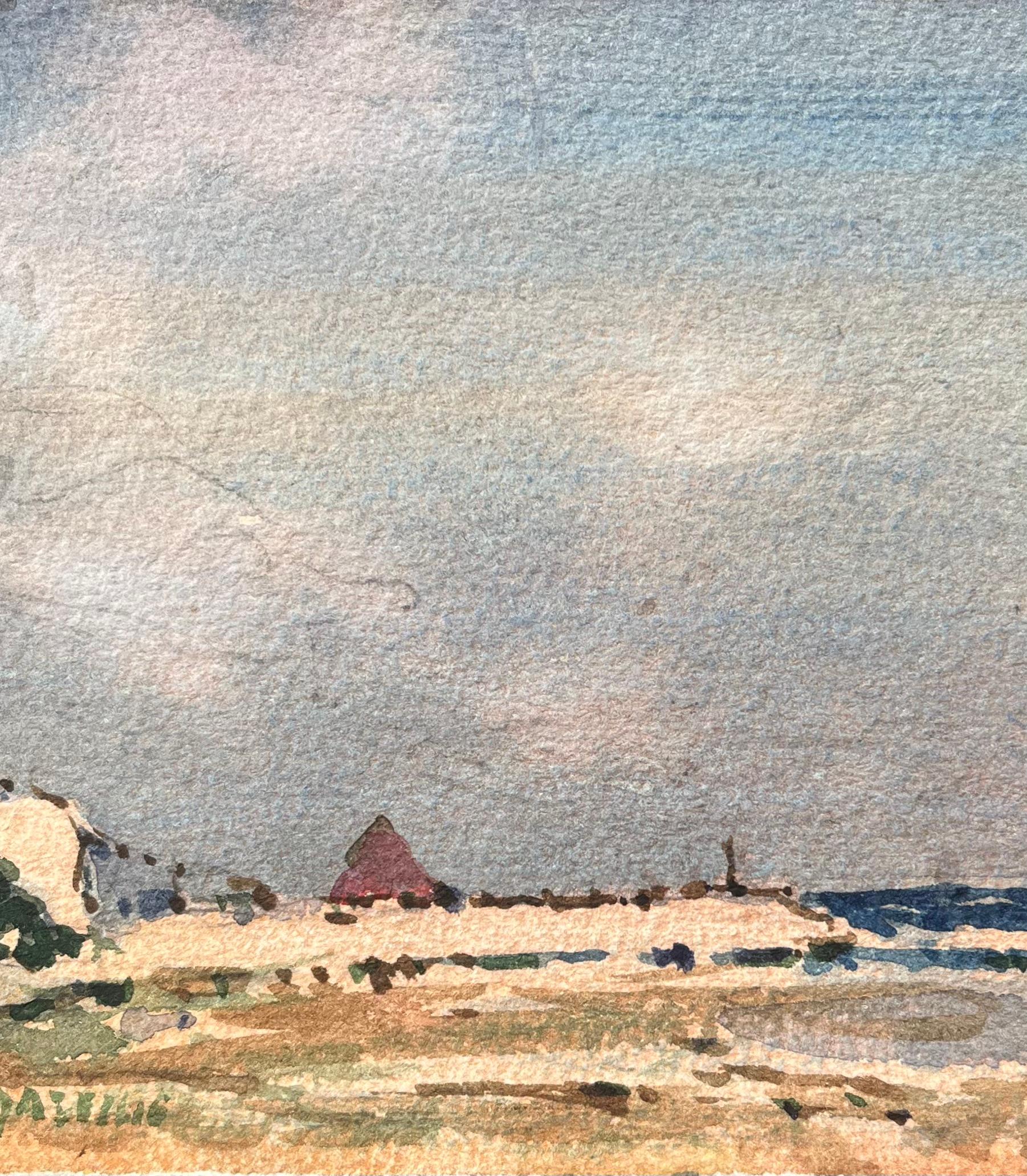 Aquarelle impressionniste française d'une scène côtière de Tranquil - Gris Landscape Art par Maurice Mazeilie