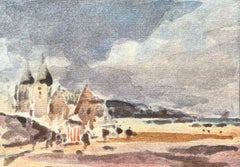 Aquarelle impressionniste française d'un paysage côtier avec des tours historiques