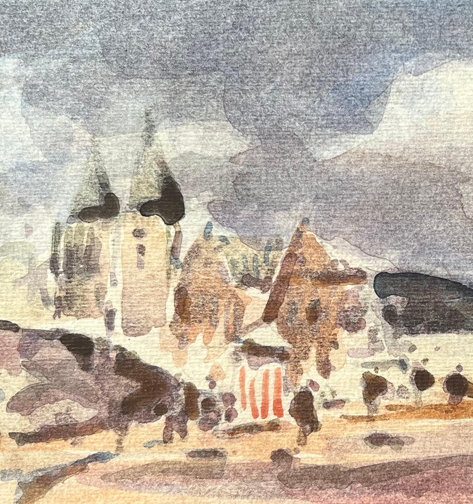 Acquerello impressionista francese di un paesaggio costiero con torri storiche - Art Impressionismo di Maurice Mazeilie