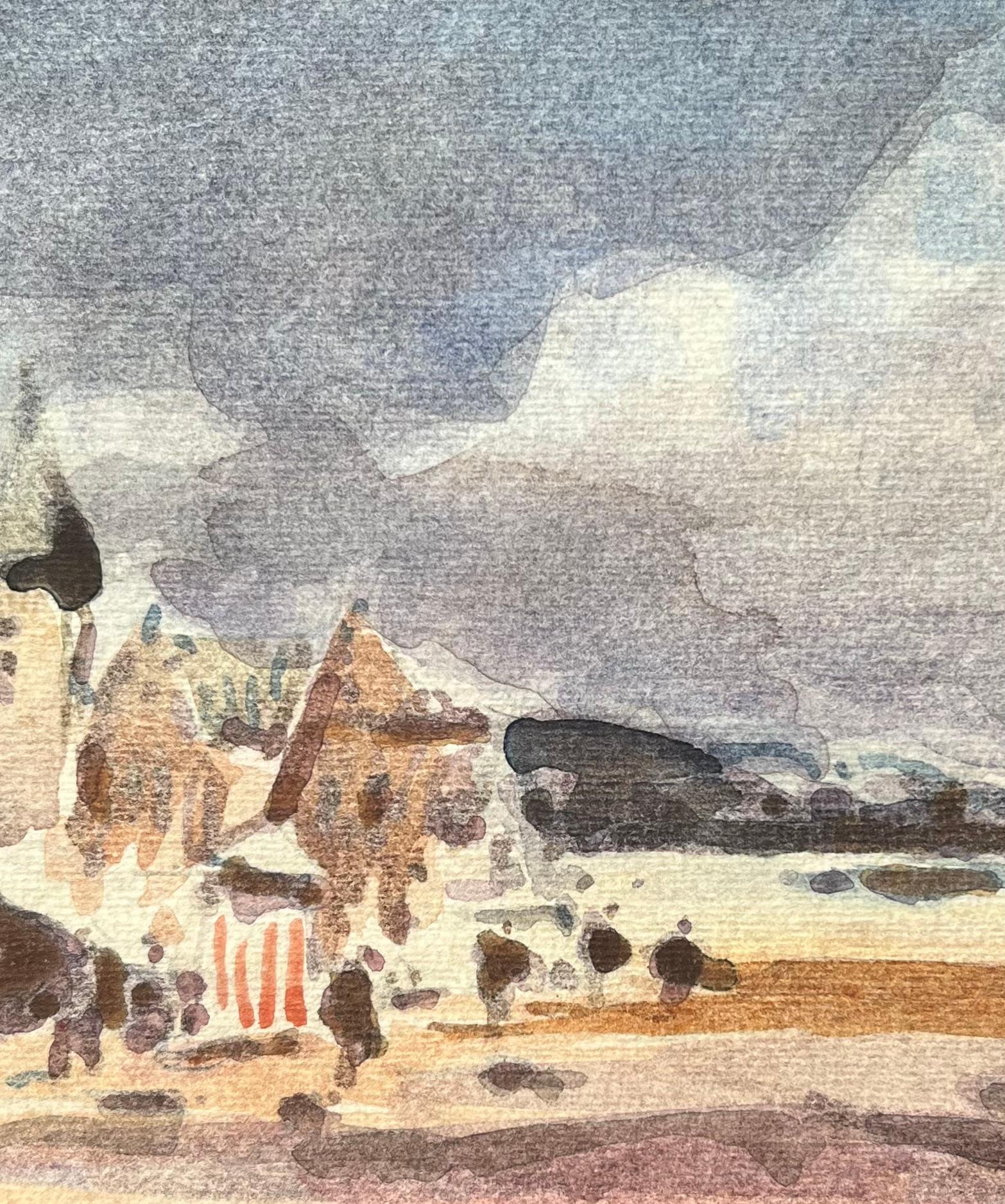 Acquerello impressionista francese di un paesaggio costiero con torri storiche - Landscape Art Grigio di Maurice Mazeilie