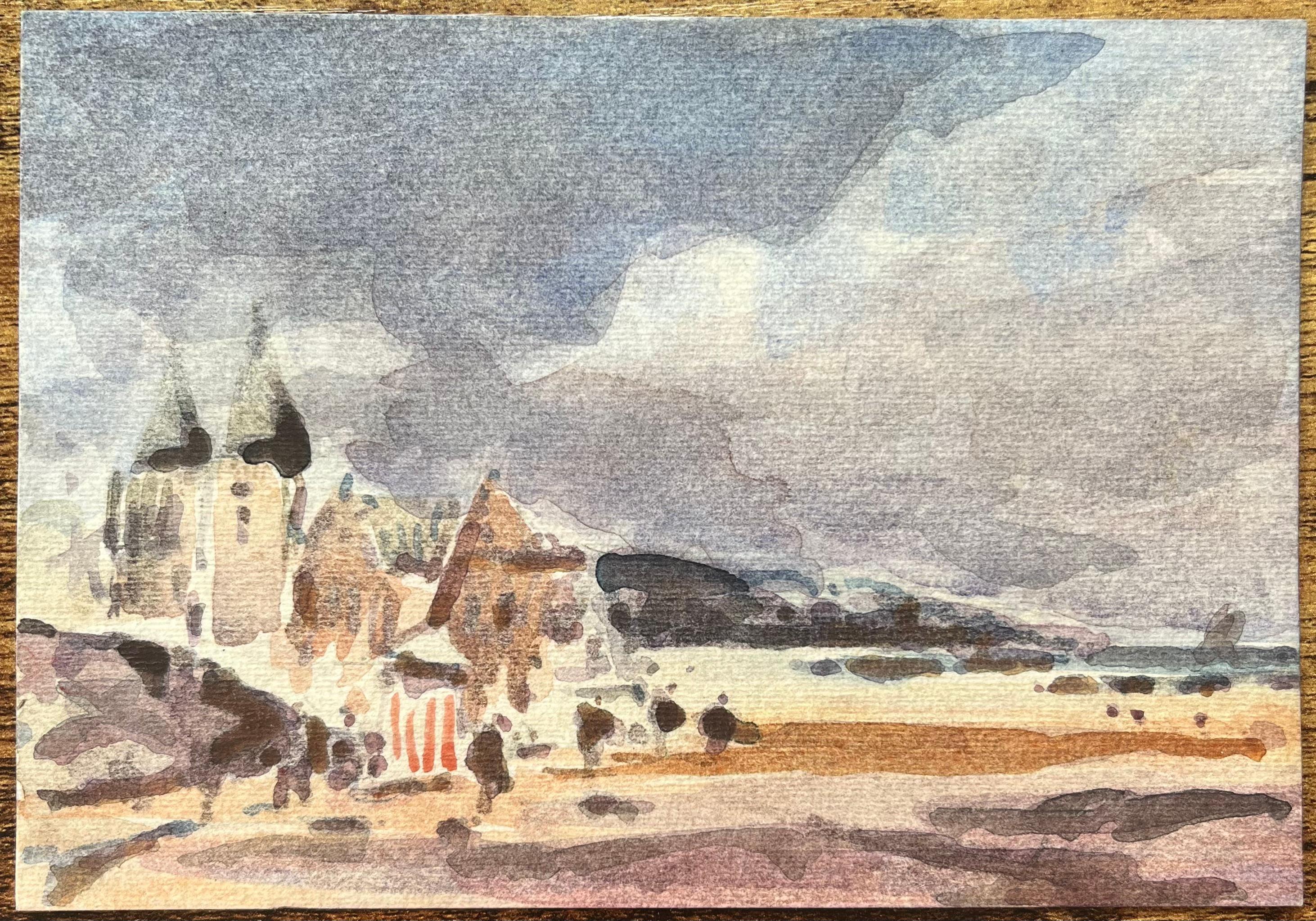 Acquerello impressionista francese di un paesaggio costiero con torri storiche - Art di Maurice Mazeilie