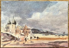 French Impressionist Watercolor of a Coastal Landscape with Historic Towers