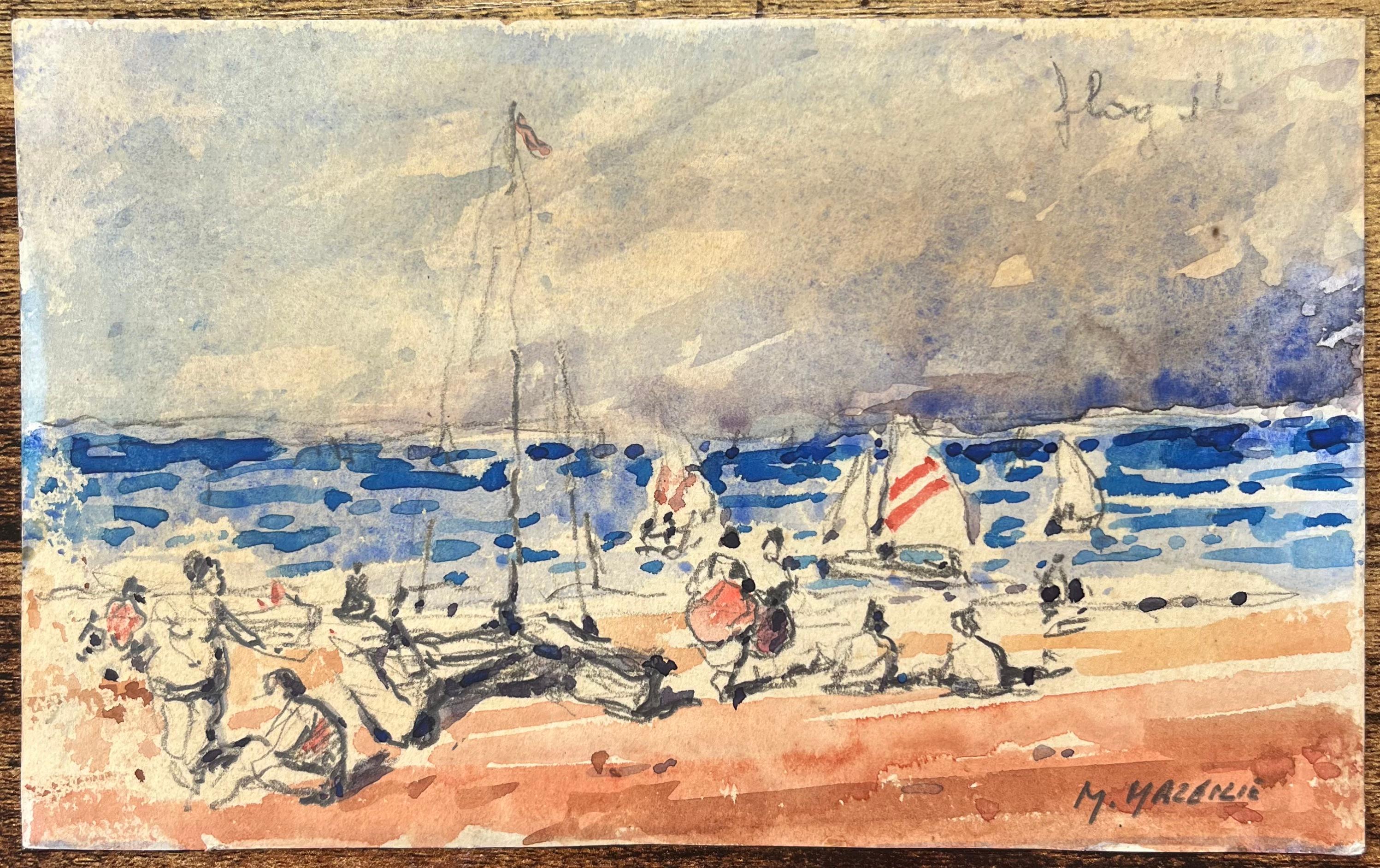 Acquerello impressionista francese di un raduno in riva al mare con barche a vela - Art Impressionismo di Maurice Mazeilie