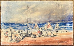 French Impressionist Watercolor of a Seaside Gathering with Sailboats