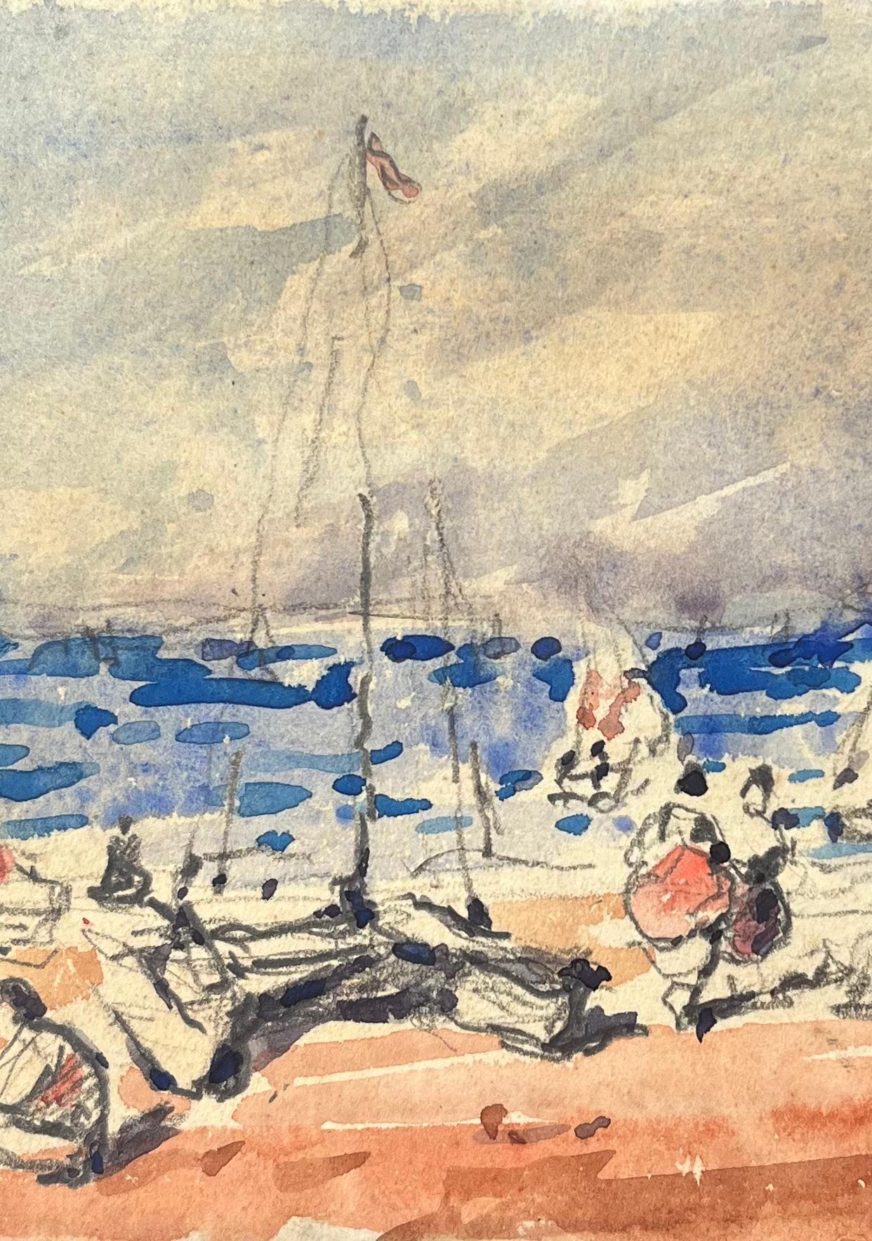 Acquerello impressionista francese di un raduno in riva al mare con barche a vela in vendita 1