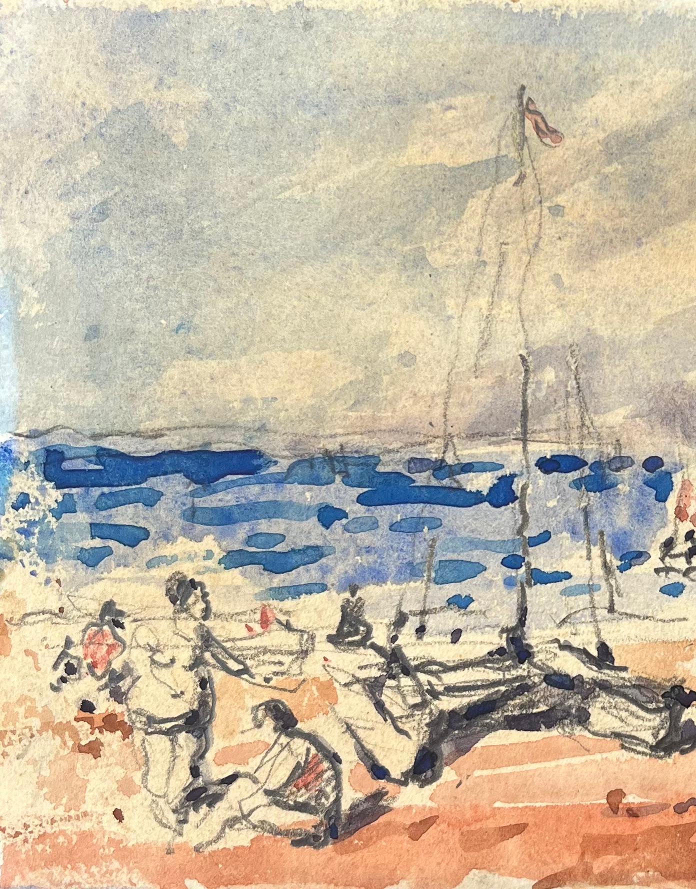 Titolo: Acquerello impressionista francese di un raduno in riva al mare con barche a vela
Di Maurice Mazeilie (francese 1924-2021)
Medium: Acquerello su carta, senza cornice
Dimensioni: 5 x 8,25 pollici (altezza x larghezza)
Firmato: Yes One
Condit: