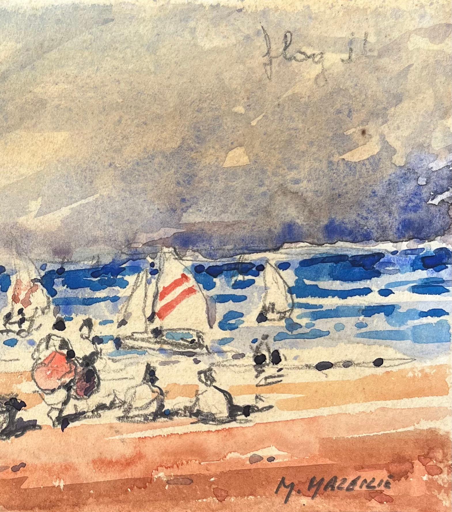 Acquerello impressionista francese di un raduno in riva al mare con barche a vela in vendita 2