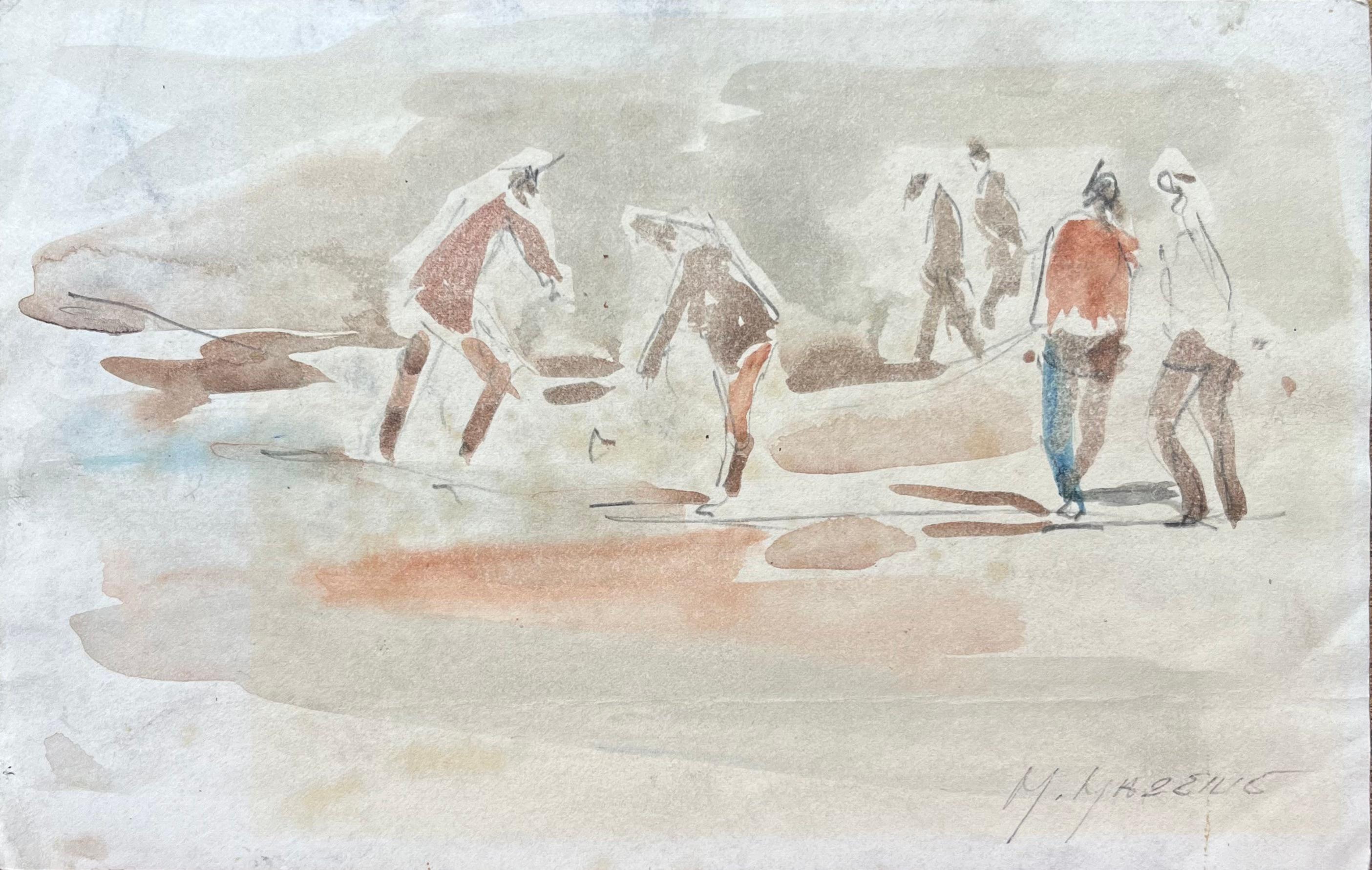Französischer Impressionist Aquarell von Strandbesuchern in der Freizeit