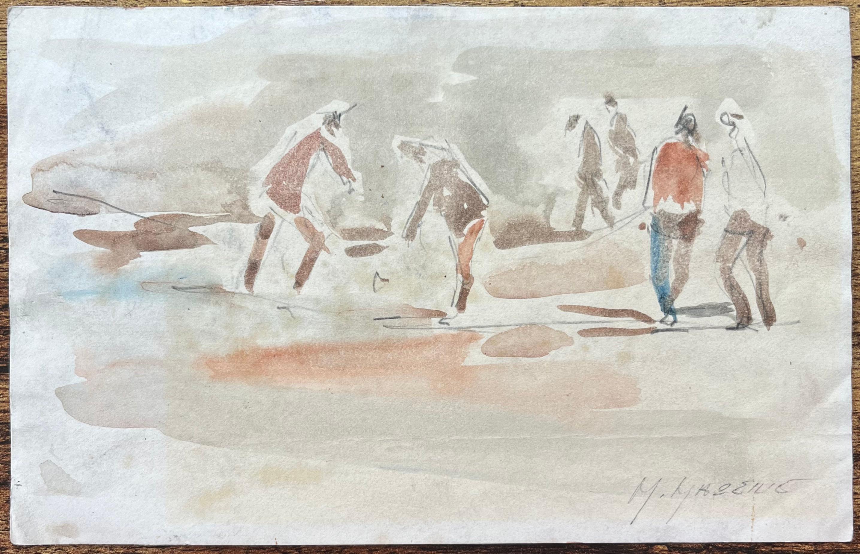 Acquerello impressionista francese di bagnanti in spiaggia - Art di Maurice Mazeilie