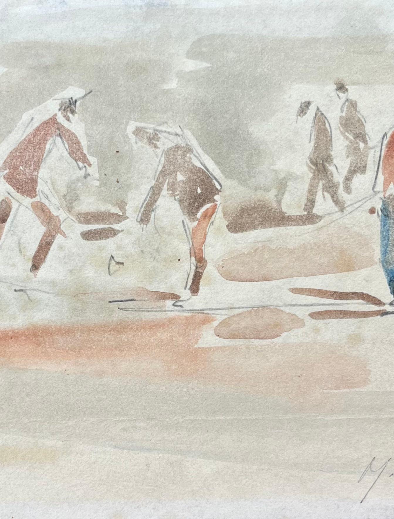 Acquerello impressionista francese di bagnanti in spiaggia - Landscape Art Grigio di Maurice Mazeilie