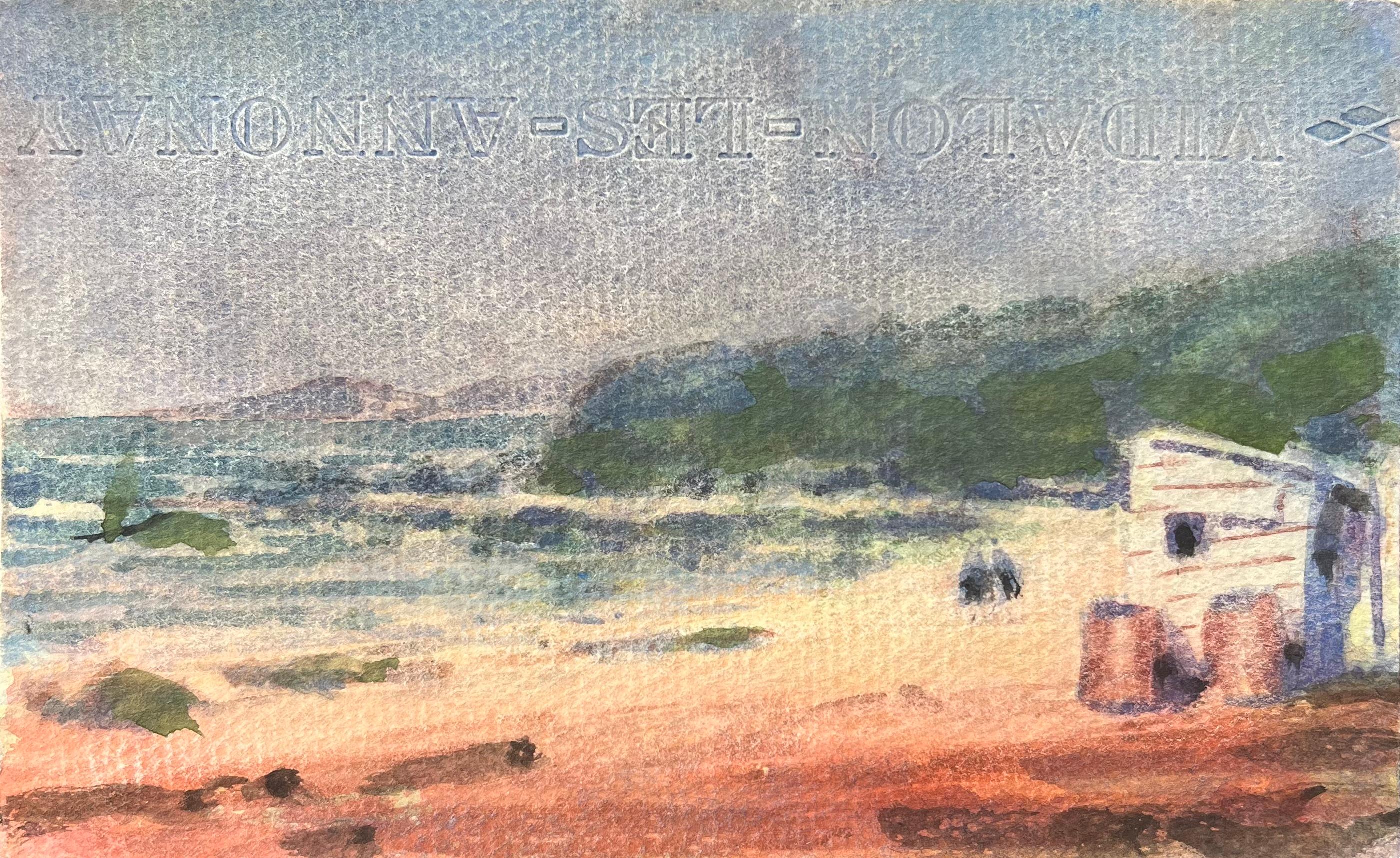 Landscape Art de Maurice Mazeilie - Acuarela impresionista francesa de una escena costera con dependencias