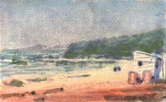 Acquerello impressionista francese raffigurante una scena costiera con annessi