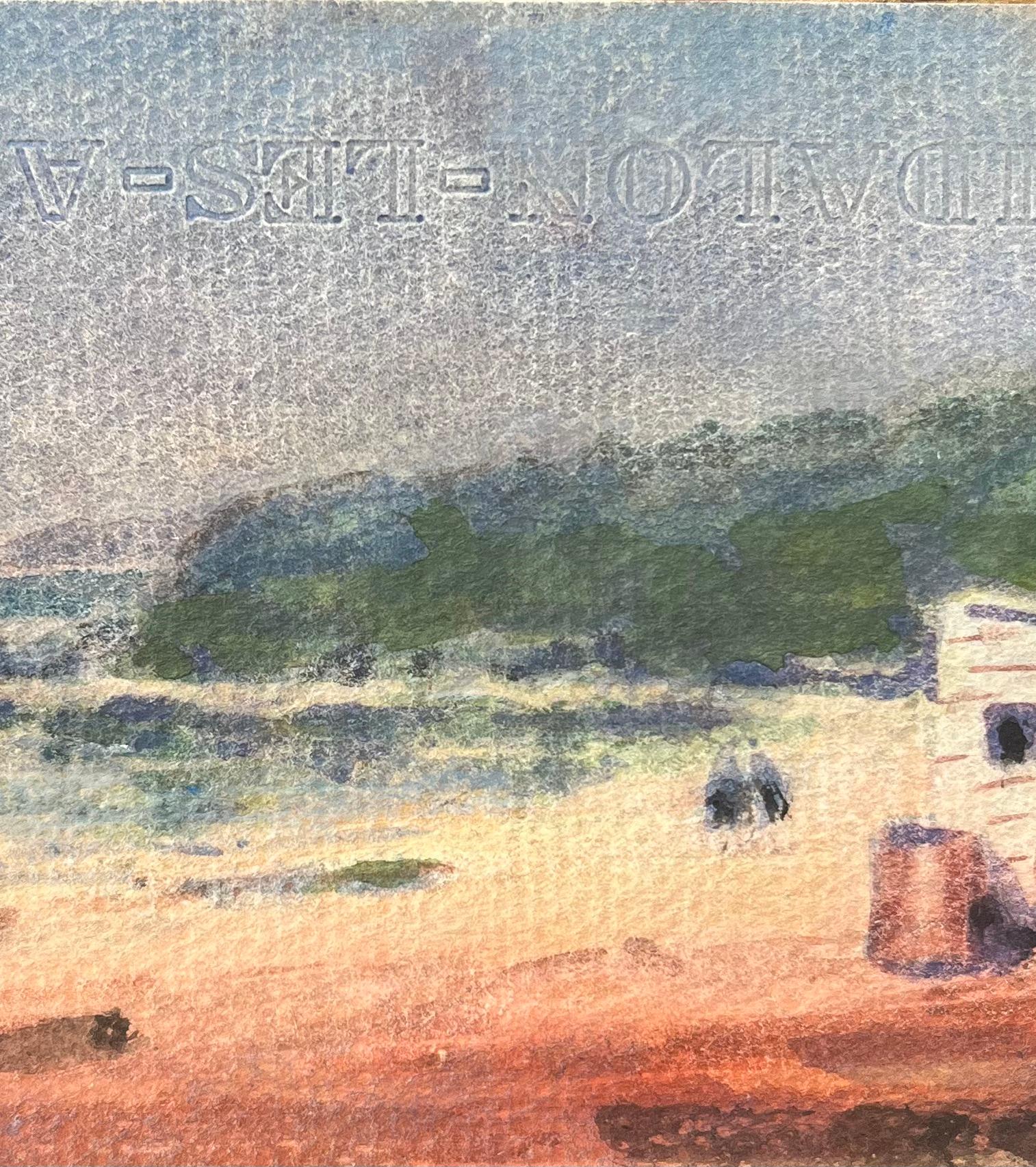 Acuarela impresionista francesa de una escena costera con dependencias - Landscape Art Beige de Maurice Mazeilie