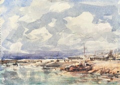 Acquerello impressionista francese raffigurante una scena di porto con barche ormeggiate sulla costa