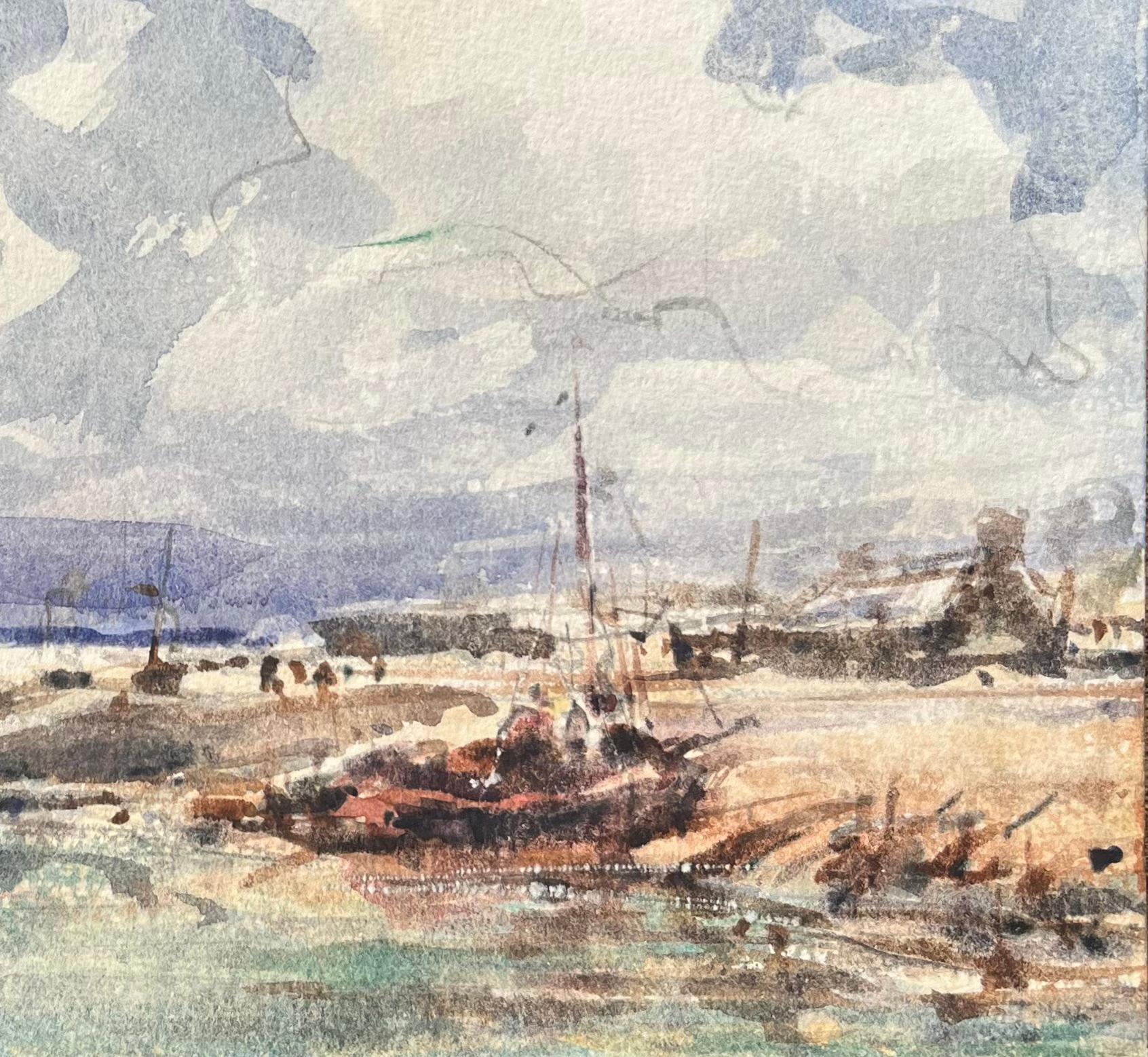 Acquerello impressionista francese raffigurante una scena di porto con barche ormeggiate sulla costa - Art Impressionismo di Maurice Mazeilie