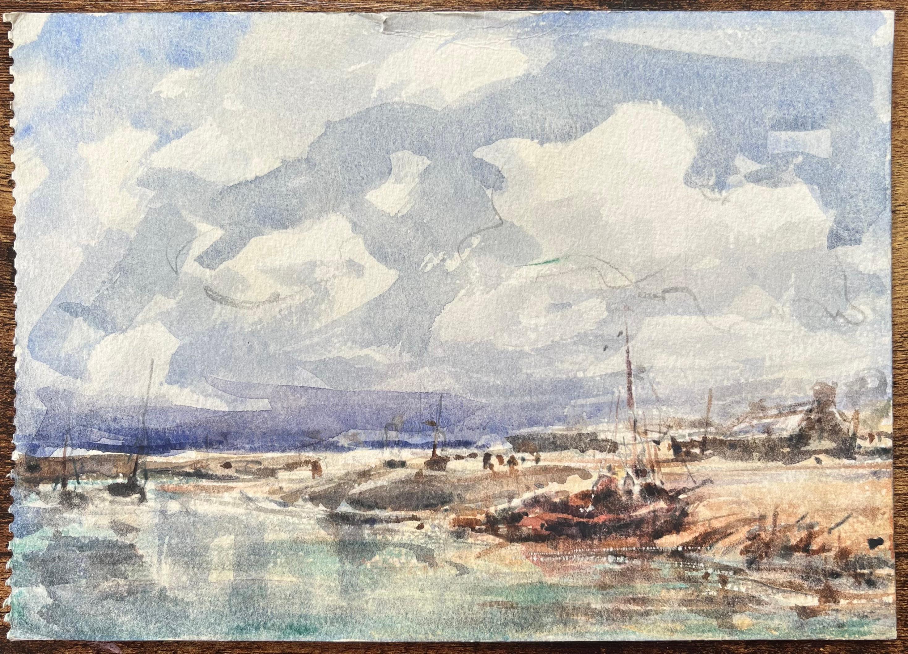 Acquerello impressionista francese raffigurante una scena di porto con barche ormeggiate sulla costa - Art di Maurice Mazeilie
