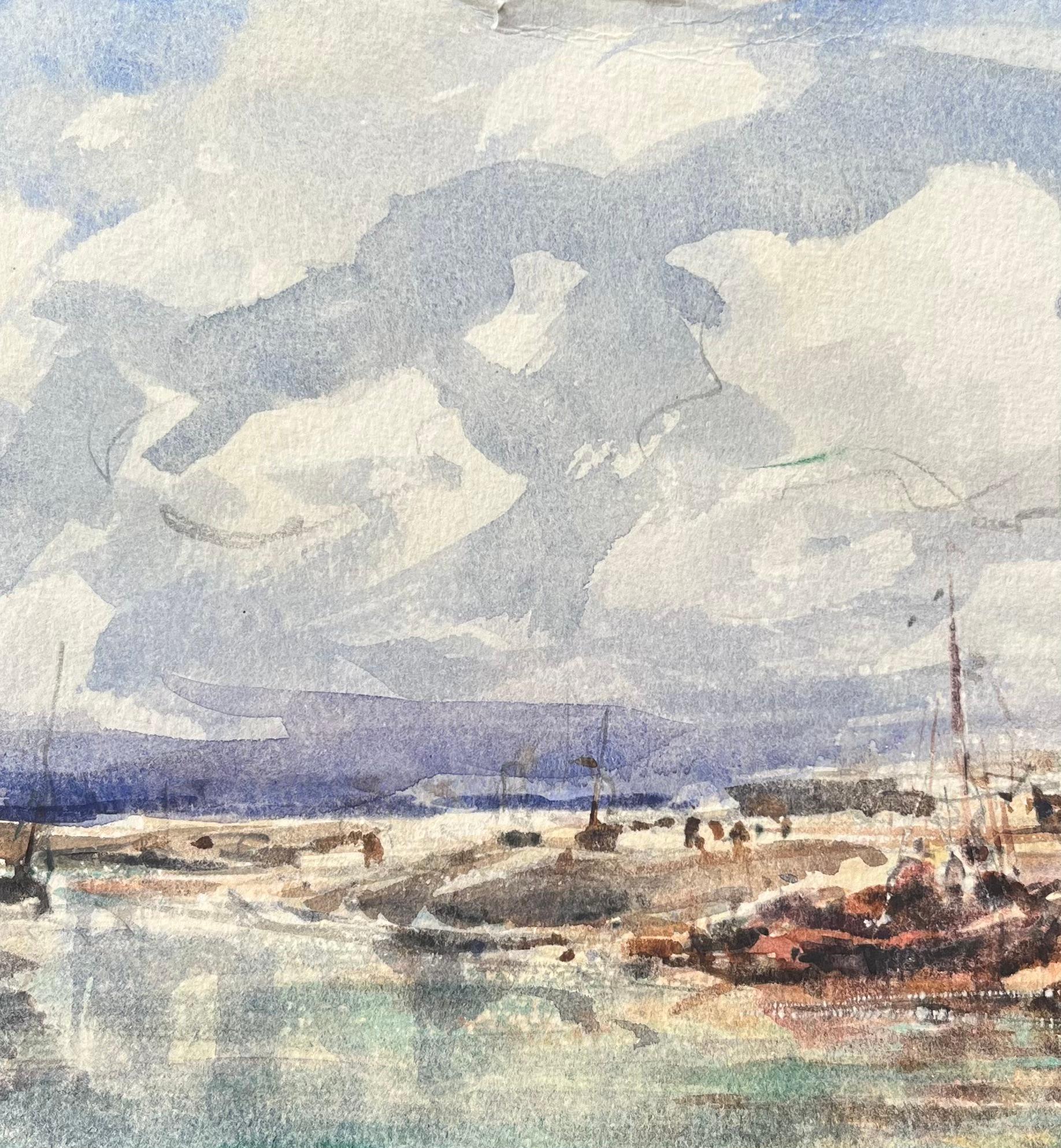 Acquerello impressionista francese raffigurante una scena di porto con barche ormeggiate sulla costa - Landscape Art Grigio di Maurice Mazeilie