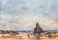 Aquarelle impressionniste française d'une scène côtière avec un affleurement rocheux