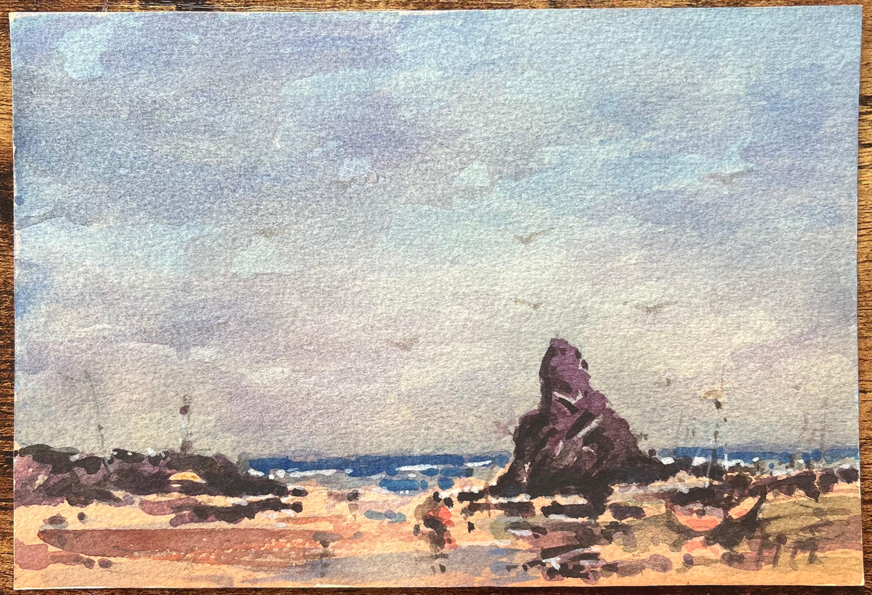 Acquerello impressionista francese raffigurante una scena costiera con fondale roccioso - Art Impressionismo di Maurice Mazeilie