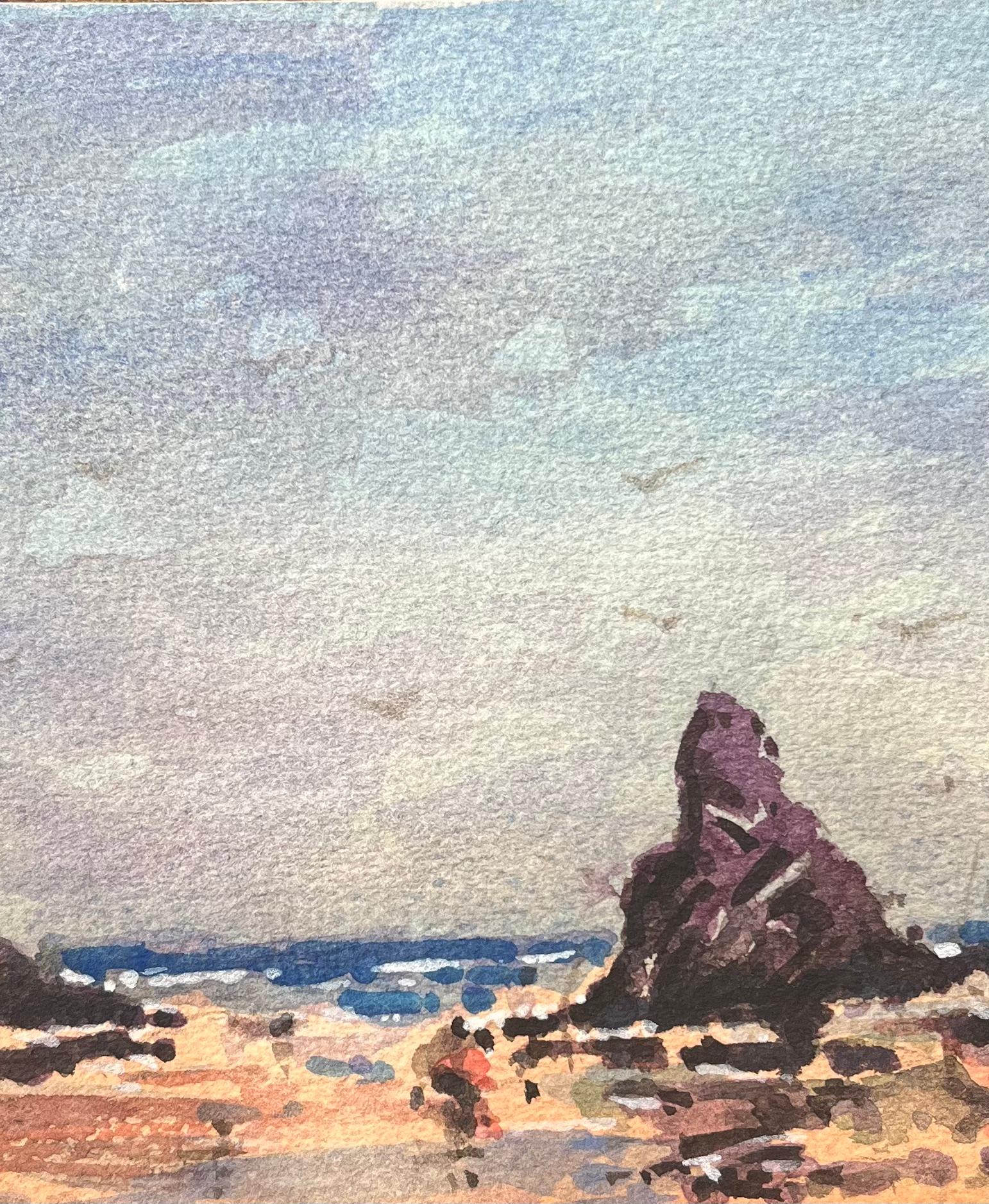 Acquerello impressionista francese raffigurante una scena costiera con fondale roccioso in vendita 1