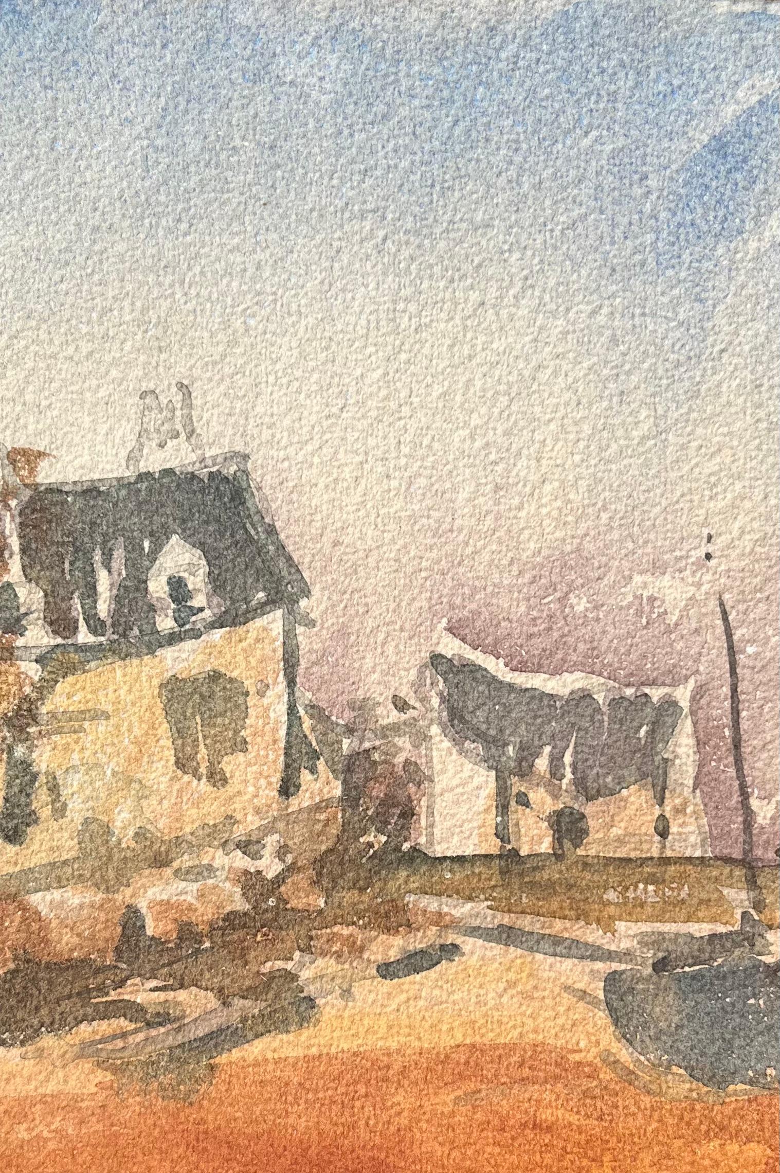 Aquarelle impressionniste française d'une maison rurale dans un cadre côtier - Beige Landscape Art par Maurice Mazeilie