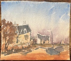 French Impressionist Watercolor of a Rural Houses in a Coastal Setting