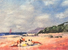 Aquarelle impressionniste française représentant des personnages se relaxant sur une plage