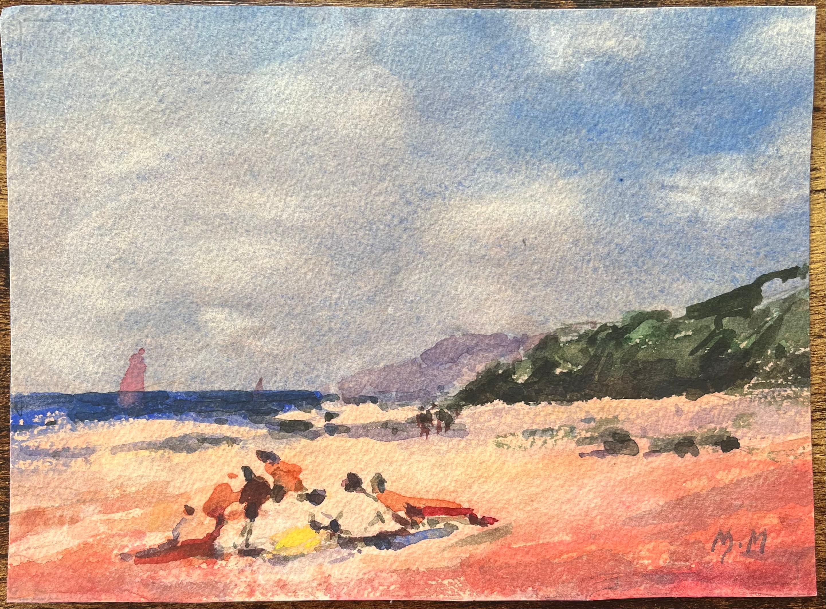 Acquerello impressionista francese con figure che si rilassano su una spiaggia - Art di Maurice Mazeilie