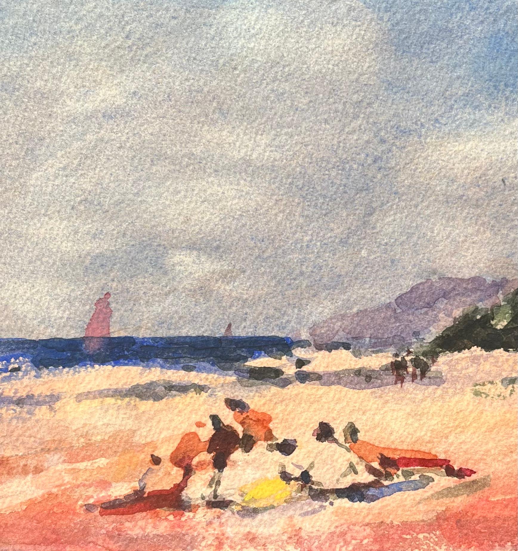Acquerello impressionista francese con figure che si rilassano su una spiaggia - Art Impressionismo di Maurice Mazeilie
