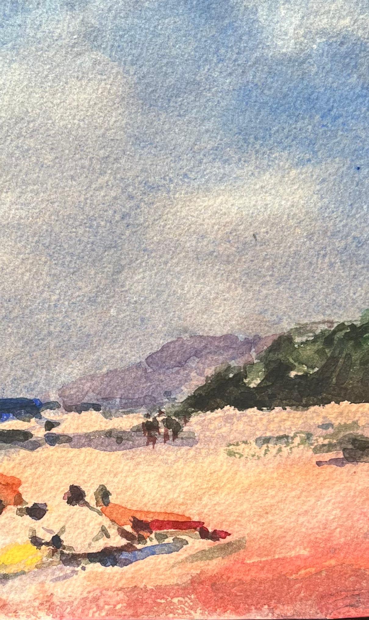 Acquerello impressionista francese con figure che si rilassano su una spiaggia - Landscape Art Beige di Maurice Mazeilie