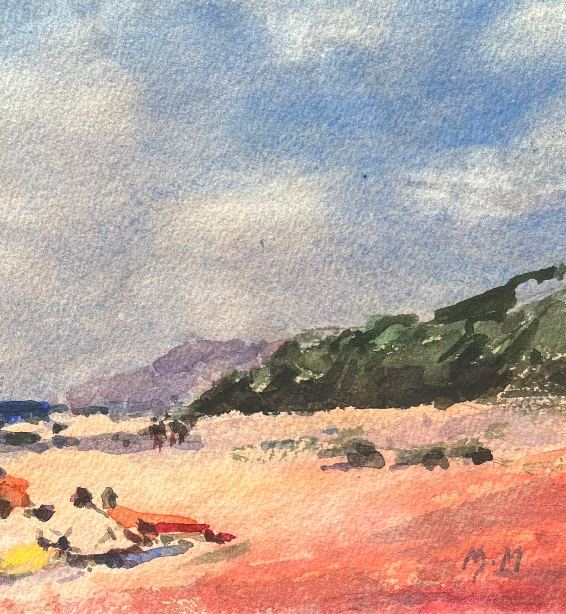 Titolo: Acquerello impressionista francese di figure che si rilassano su una spiaggia
Di Maurice Mazeilie (francese 1924-2021)
Medium: Acquerello su carta, senza cornice
Dimensioni: 6,75 x 9,25 pollici (altezza x larghezza)
Firmato: Iniziali in