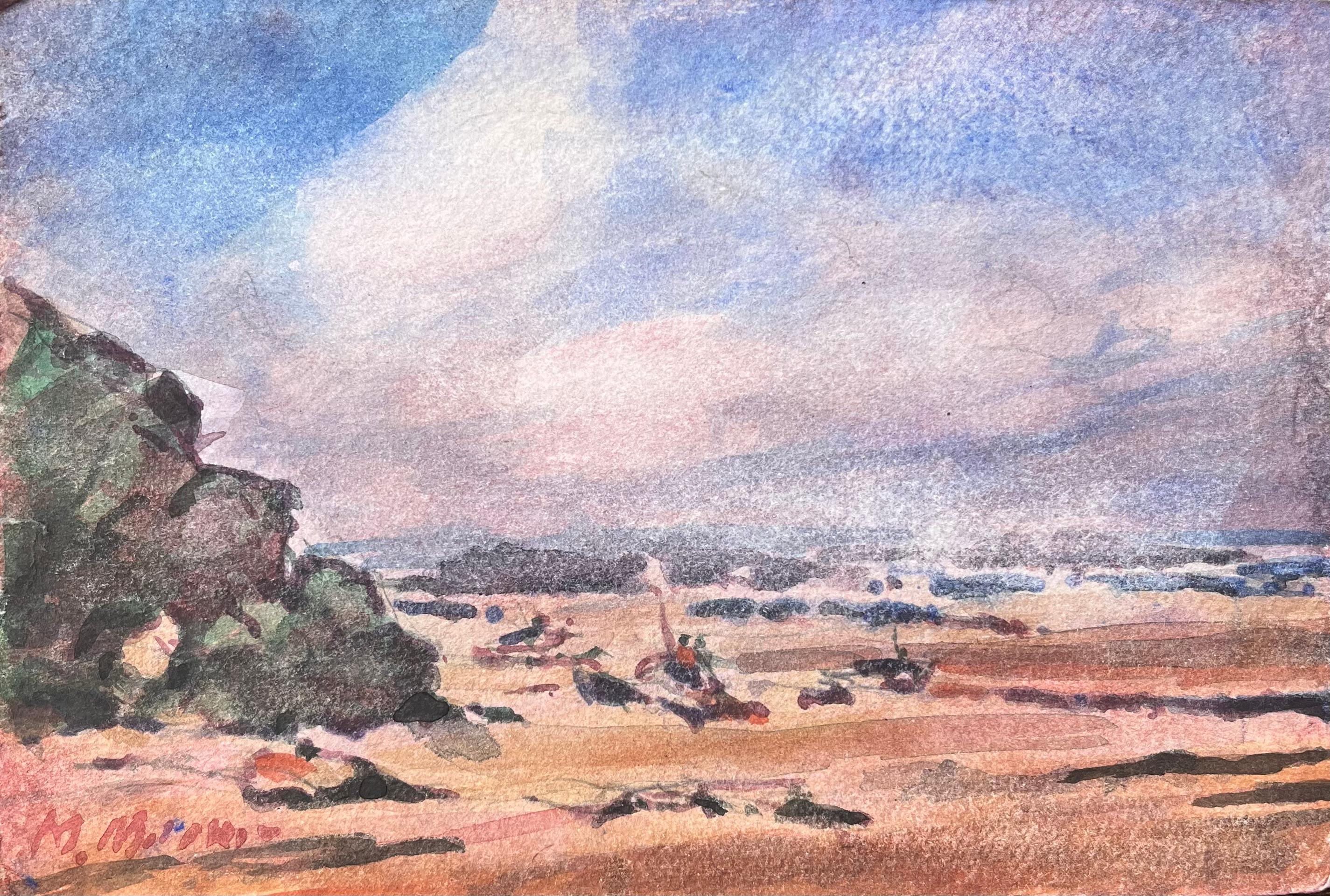 Französisches impressionistisches Aquarell der Tranquil- Küstenlandschaft, Aquarell