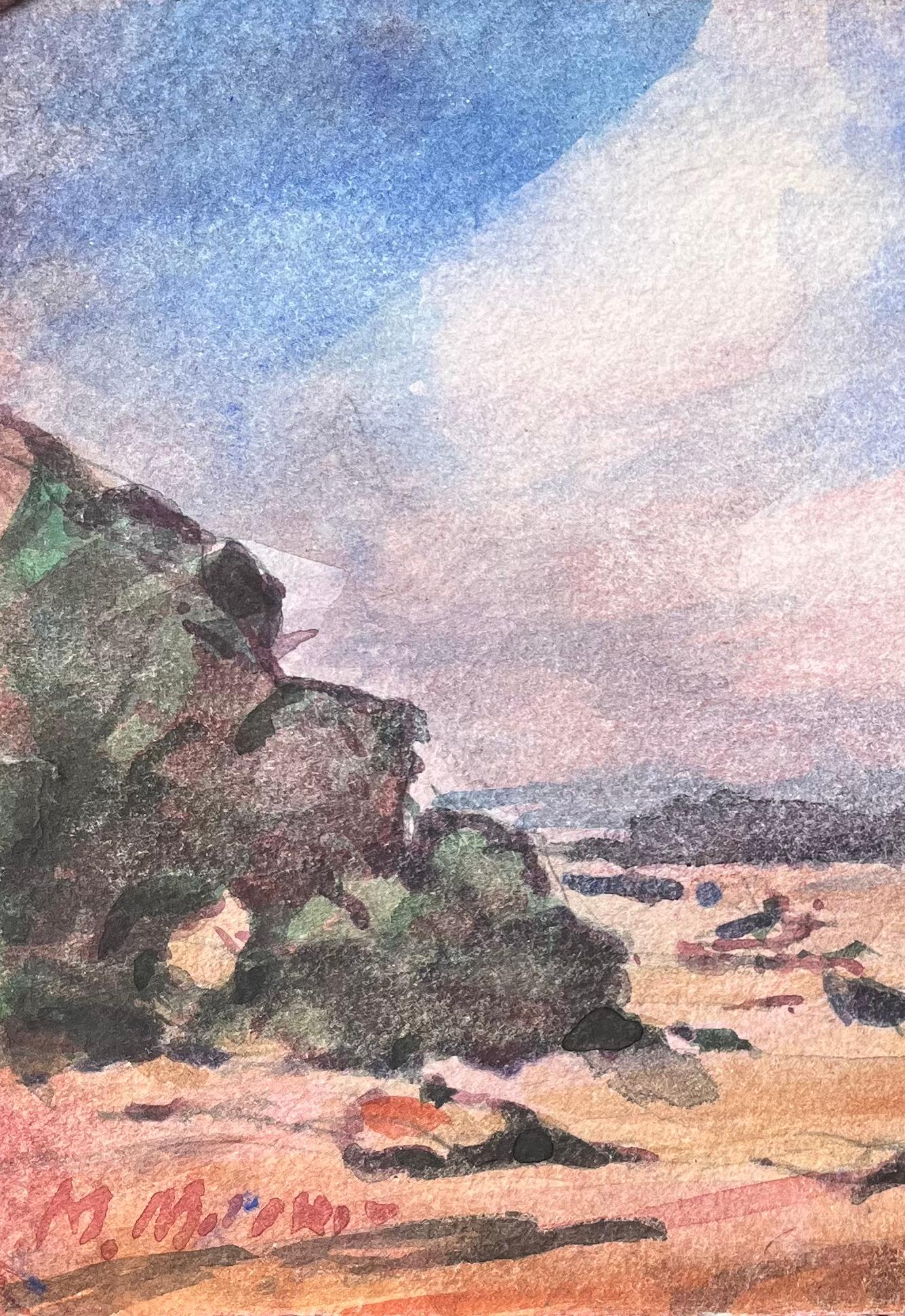 Aquarelle impressionniste française d'un paysage côtier Tranquil - Art de Maurice Mazeilie
