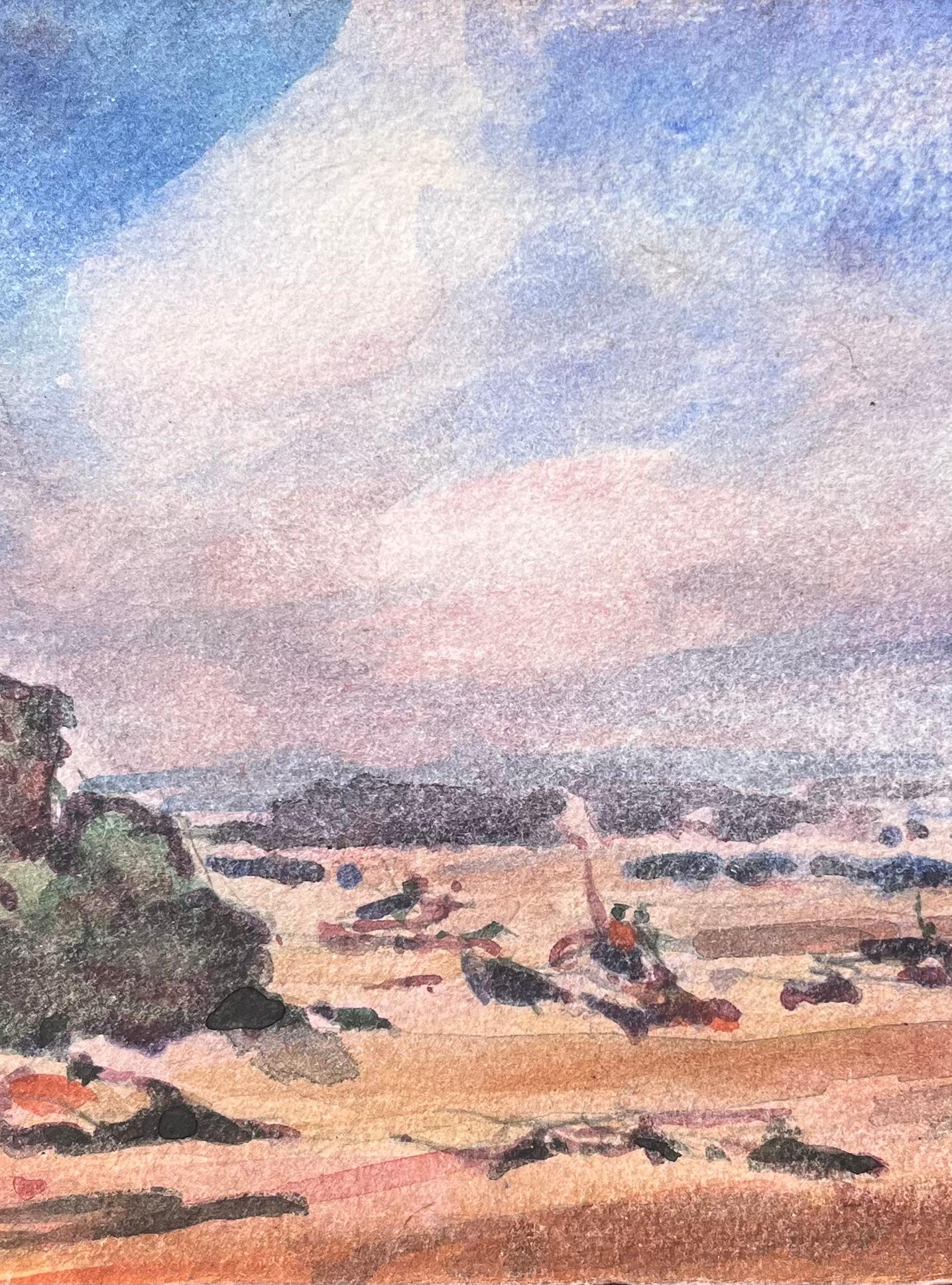 Aquarelle impressionniste française d'un paysage côtier Tranquil - Gris Landscape Art par Maurice Mazeilie