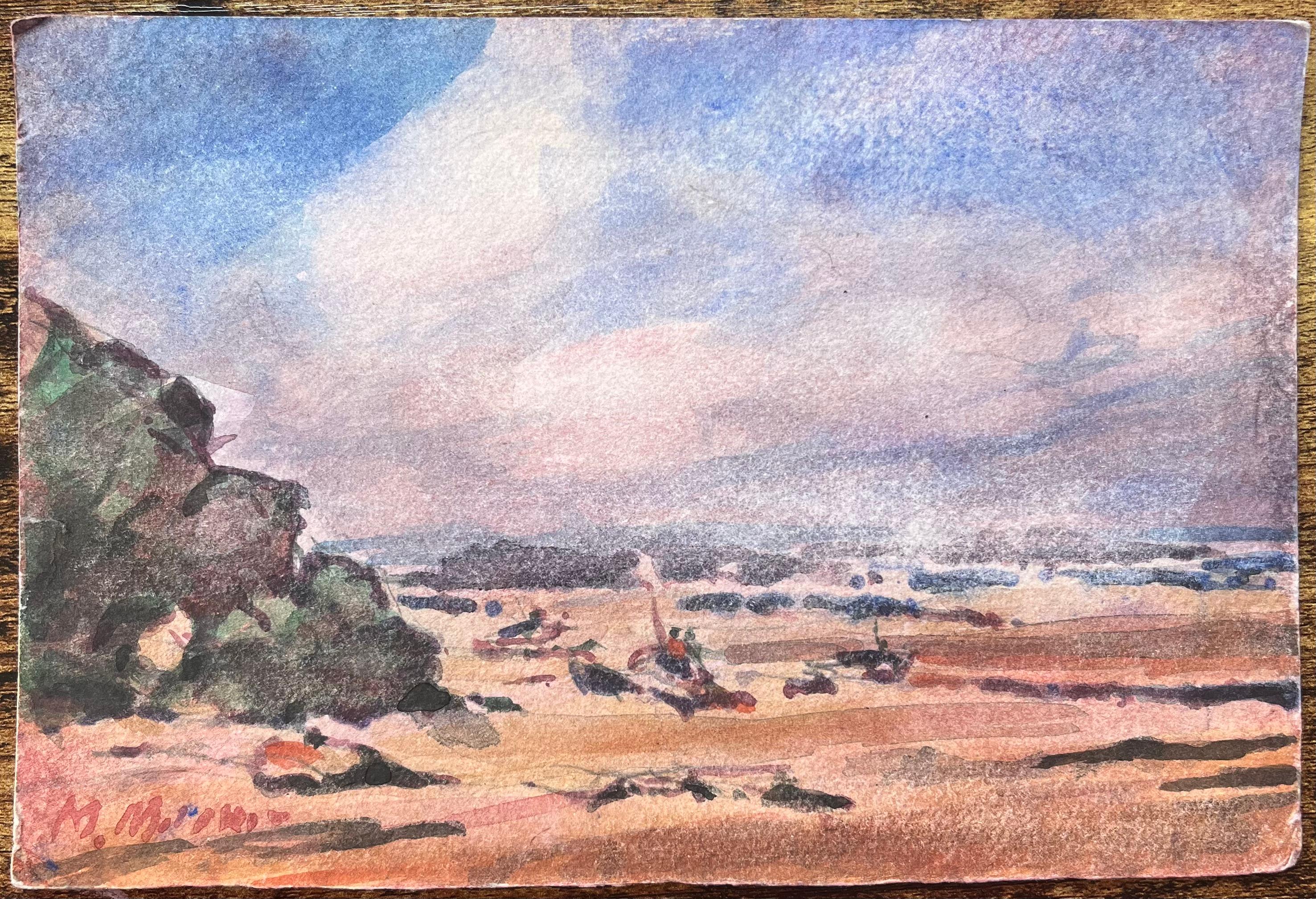 Aquarelle impressionniste française d'un paysage côtier Tranquil - Impressionnisme Art par Maurice Mazeilie