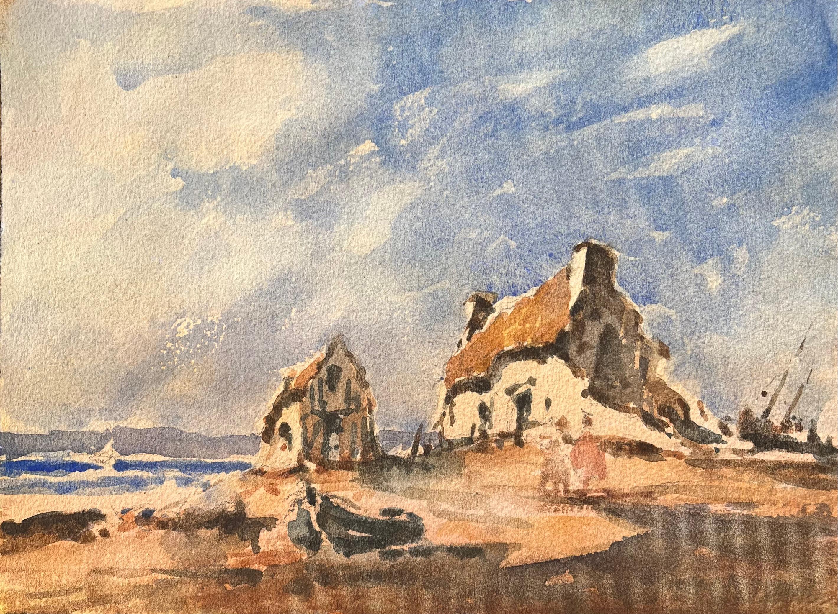 Französisches impressionistisches Aquarell mit Figuren, die zu Küstenhütten wandern, im Stil des Impressionismus
