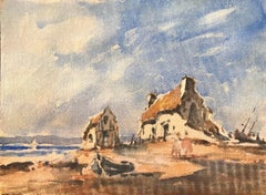 French Impressionist Watercolor of Figures Walking Towards a Coastal Cottages