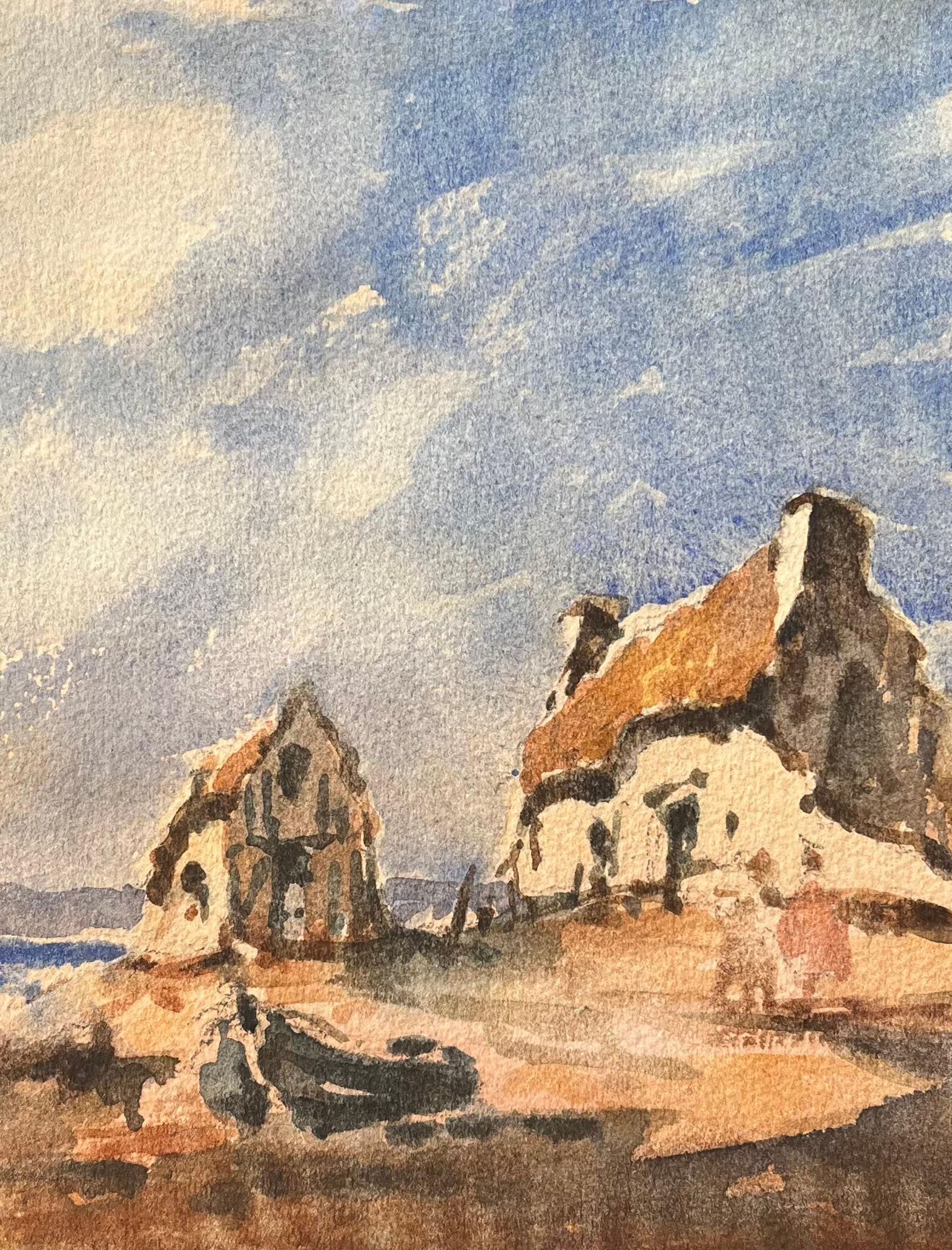 Acquerello impressionista francese di figure che camminano verso un cottage costiero - Art Impressionismo di Maurice Mazeilie