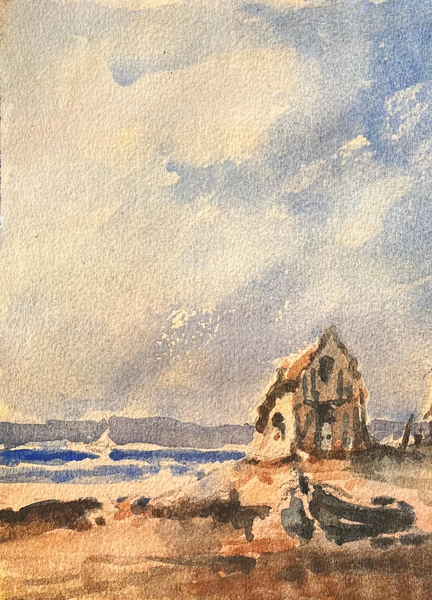 Acquerello impressionista francese di figure che camminano verso un cottage costiero - Landscape Art Beige di Maurice Mazeilie