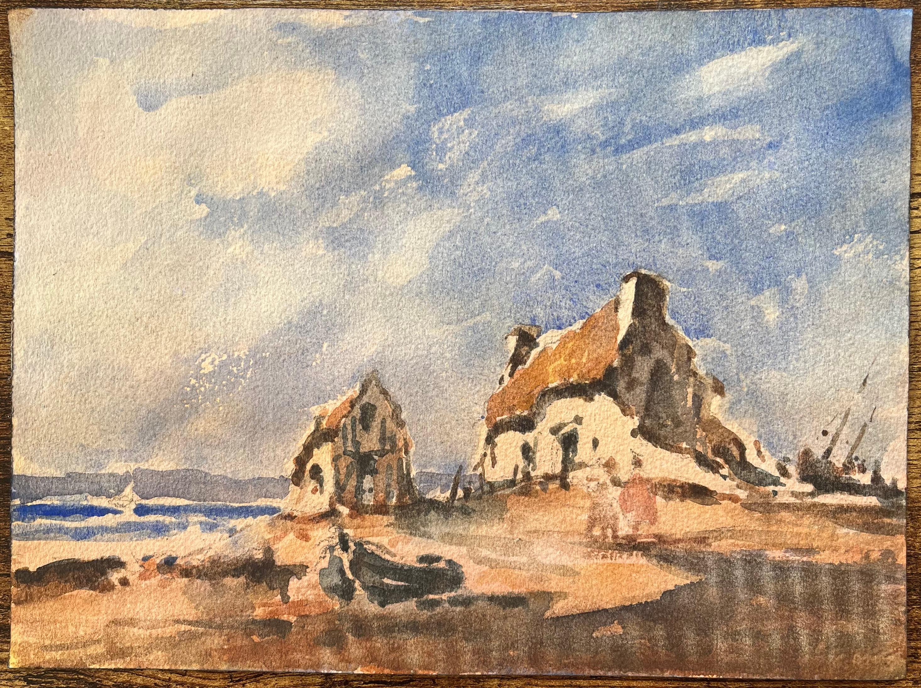 Acquerello impressionista francese di figure che camminano verso un cottage costiero - Art di Maurice Mazeilie